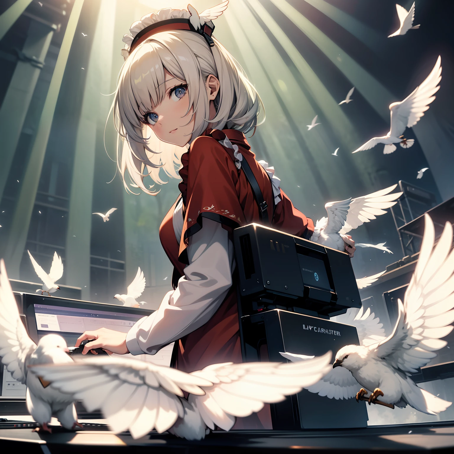 Lyrica Prismeiver playing keyboards, masutepiece, Fine detail, 4K, 8K, 12K, Solo, One Person, Beautiful Girl, caucasian female, Lyrica Prismiber, spring, birds flying away, Air