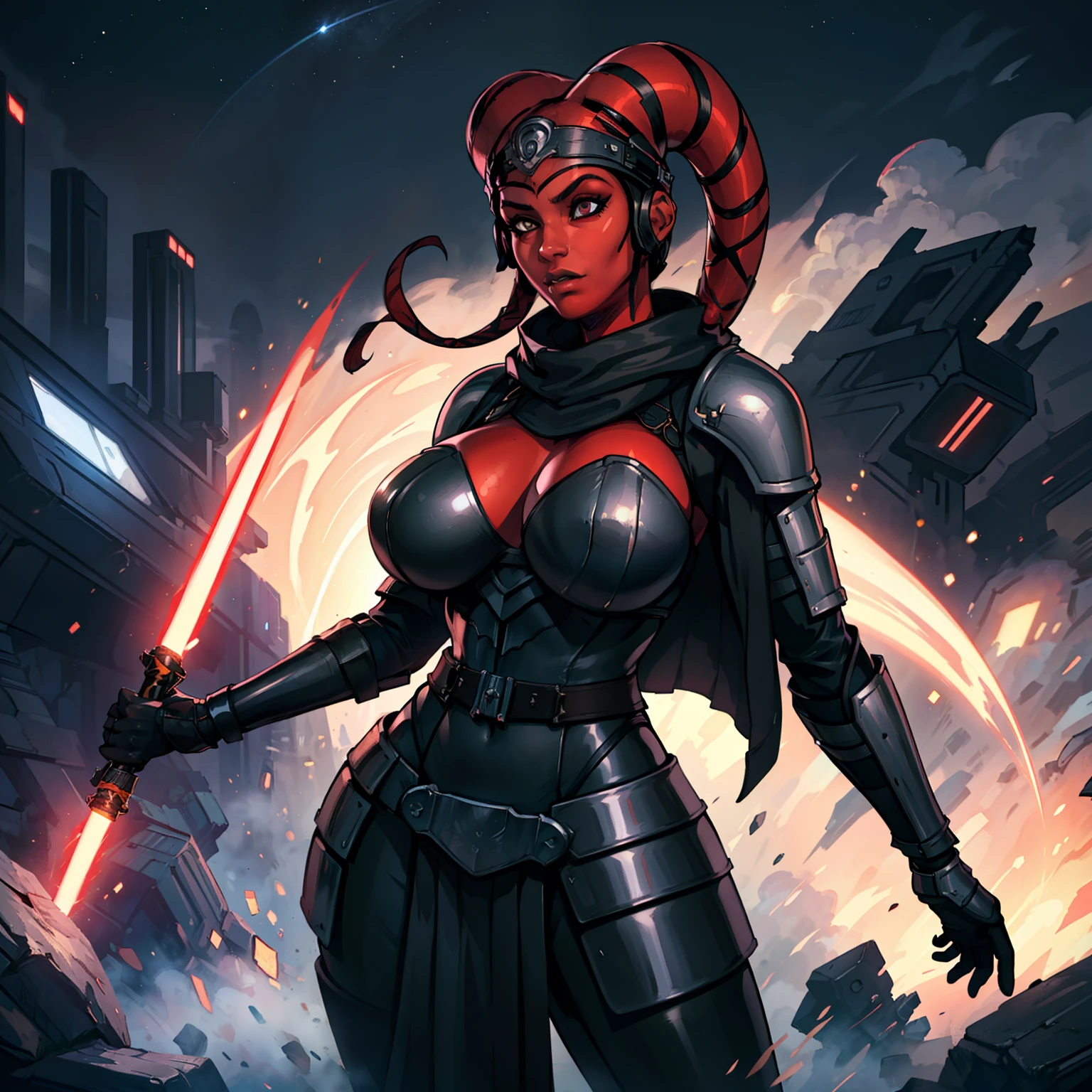 (masterpiece:1.2, best quality:1.2, beautiful, high quality, highres:1.1, aesthetic), detailed, extremely detailed, ambient soft lighting, 4K, perfect eyes, angular face, sharp features, large nose, perfect lighting, 1girl, action scene, lightsaber fighting, lasers, explosions, fire, motion lines, depth of field, masterpiece, best quality, high-definition, armor, busty, ((red skin), twi'lek), dual red lightsabers, evil space knight, space ninja, (wearing black robes, black stealth armor, breastplate, tunic, tabard, cowl, cloak, body glove, straps, buckles, skirts, long sleeves, black leggings, fantasy, ((armor))), ((busty), slender body, thin, slim sexy body, slim waist, ((huge breasts))), warzone, Imperial starship, Star Wars,