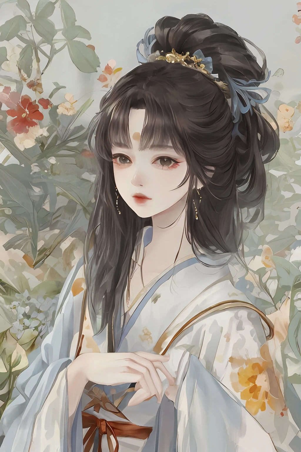 Ancient Chinese beauties flying in the sky，wearing ancient Chinese costume，Flowing tulle，Light silk，Lazy posture，large lotus leaf，lotuses，Ink painting style，clean color，Decisive cut，Leave white space，impressionistic，tmasterpiece，ultra-detailliert，Epic composition, high qulity, HighestQuali, 4K --v 6