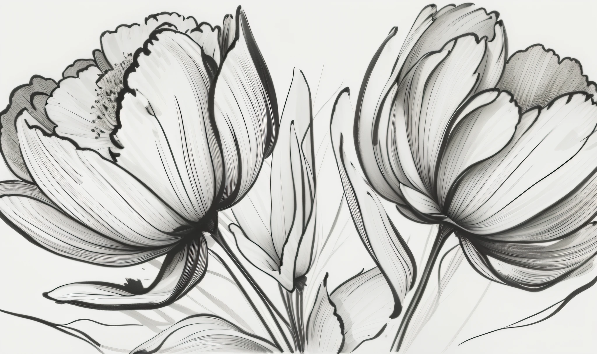 There are two flowers, which are painted in black and white, drawn with photoshop, Pen in light color on white background, black on white line art, sketch black and white colors, Flowers with intricate details, Black ink painting, Black ink outline, stunning lines, Pen in black on white background, Black and white painting, Black ink lineart, exquisite line art