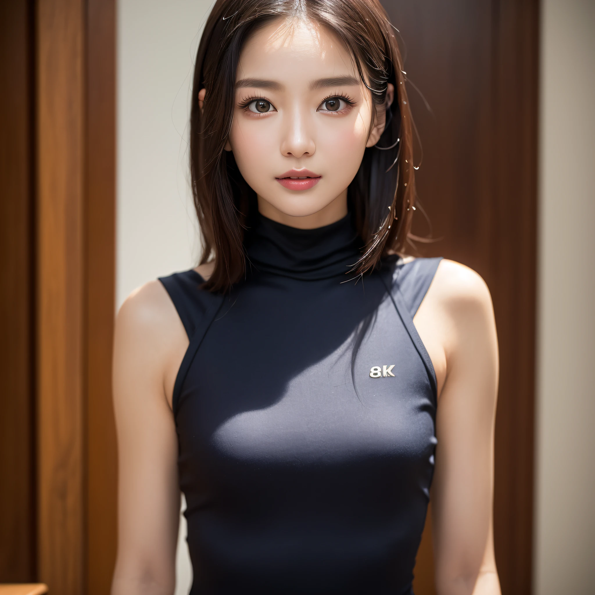 ((best qualtiy、8k masterpieces:1.3))、foco nítido:1.2、(ultra beautiful faces:1.0)、(shinny skin:1.0)、photos realistic、A dark-haired、Video Lighting、High-definition eyes and face、Video Lighting、(Korean Cute Actress)、from the front side、medium breasts、ssmile、Sleeveless、Slender Abs Beauty、Whole body、swim wears