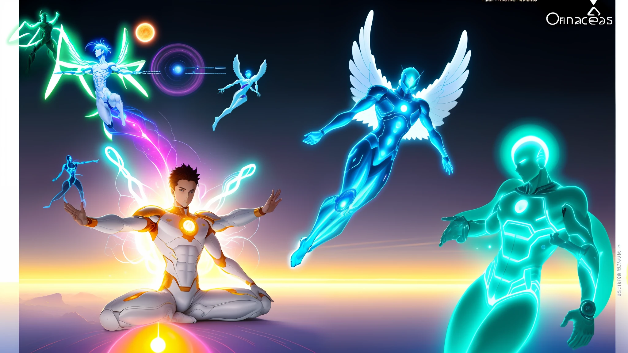 There are three different images of various men with different poses, A man with six arms, some cosmic angels, energetic beings patrolling, inspirado em Hiromu Arakawa, arte de fundo, Energy Dynamic Pose, Power of the Auras, Potencializando a Aura, an epic anime of a energy man, energia do toro, seres solares, Transhumanist Dance, inspired by Mœbius, 8k, Ultra realista