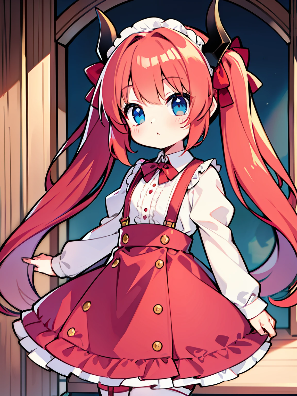 {{best quality}}, {{masterpiece}}, {{ultra-detailed}}, {illustration}, {detailed light}, red hair,blue eyes,twintails,lolita,Suspenders skirt,Fantastic,loli,solo,Dragon horns,little girl,long hair