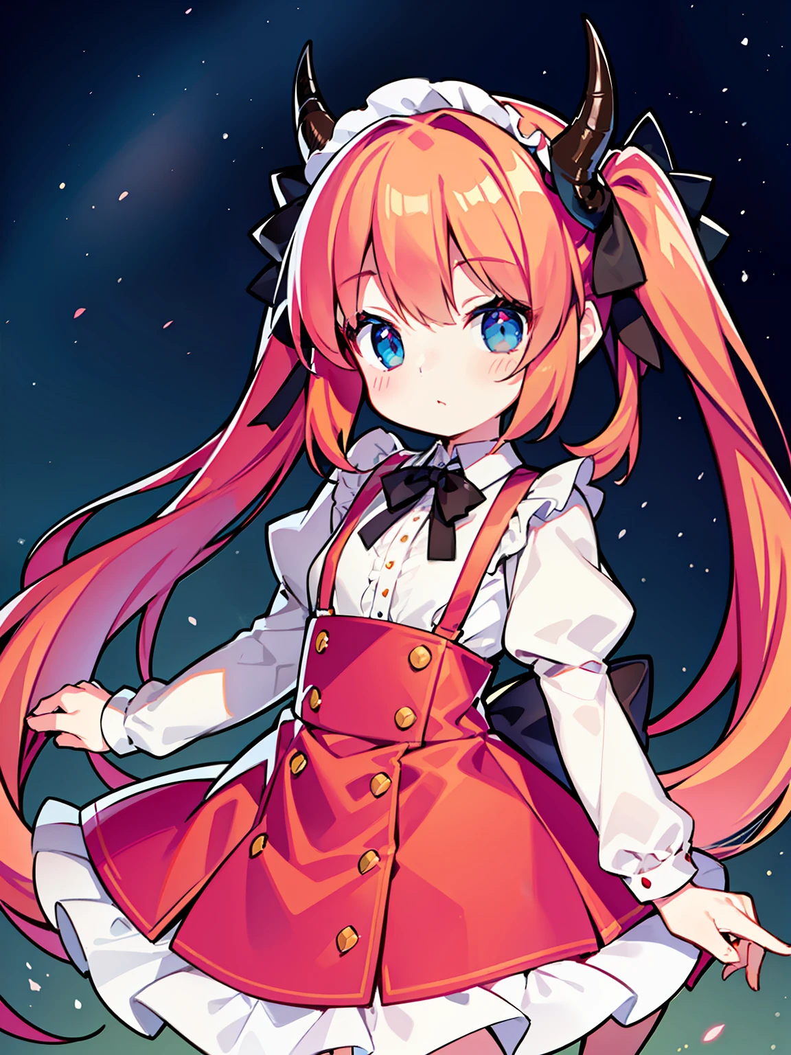 {{best quality}}, {{masterpiece}}, {{ultra-detailed}}, {illustration}, {detailed light}, red hair,blue eyes,twintails,ta,Suspenders skirt,Fantastic,lolio,Dragon horns,little gir