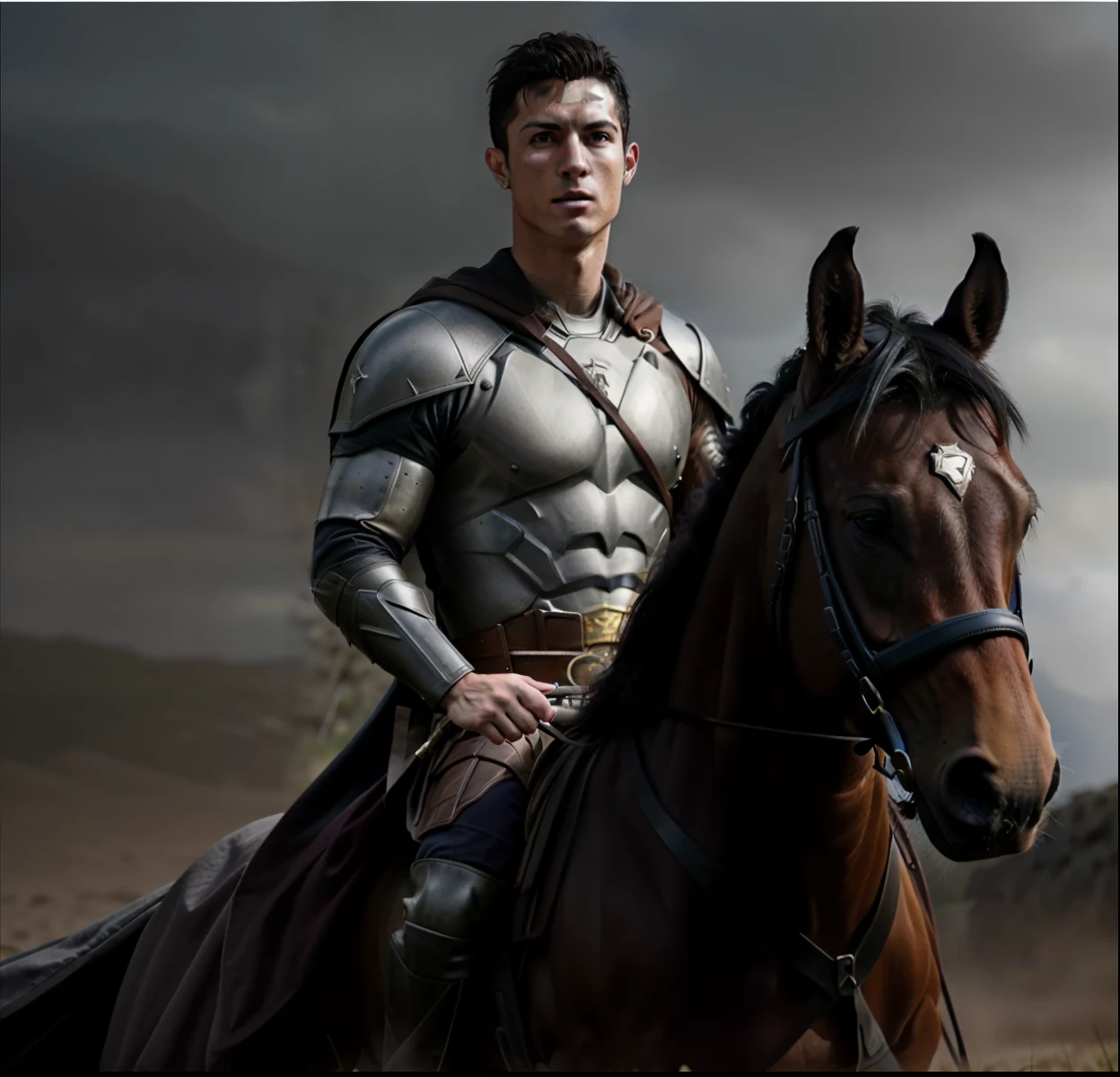 Imagem de um homem montado em um cavalo em uma cena, cristiano ronaldo as batman, Arsen Lupin como um paladino, Henry Cavill como um guerreiro, Adam Driver como um guerreiro centauro, karl urban as a dragonslayer, ainda de um filme de fantasia, Cristiano Ronaldo como Papa, Filme 2022, 8 k filme ainda, Retrato de Cristiano Ronaldo