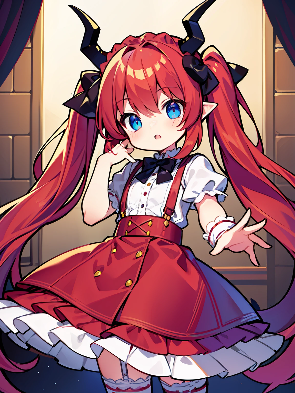 {{best quality}}, {{masterpiece}}, {{ultra-detailed}}, {illustration}, {detailed light}, red hair,blue eyes,twintails,lolita,Suspenders skirt,Fantastic,loli,solo,Dragon horns,little girl,long hair