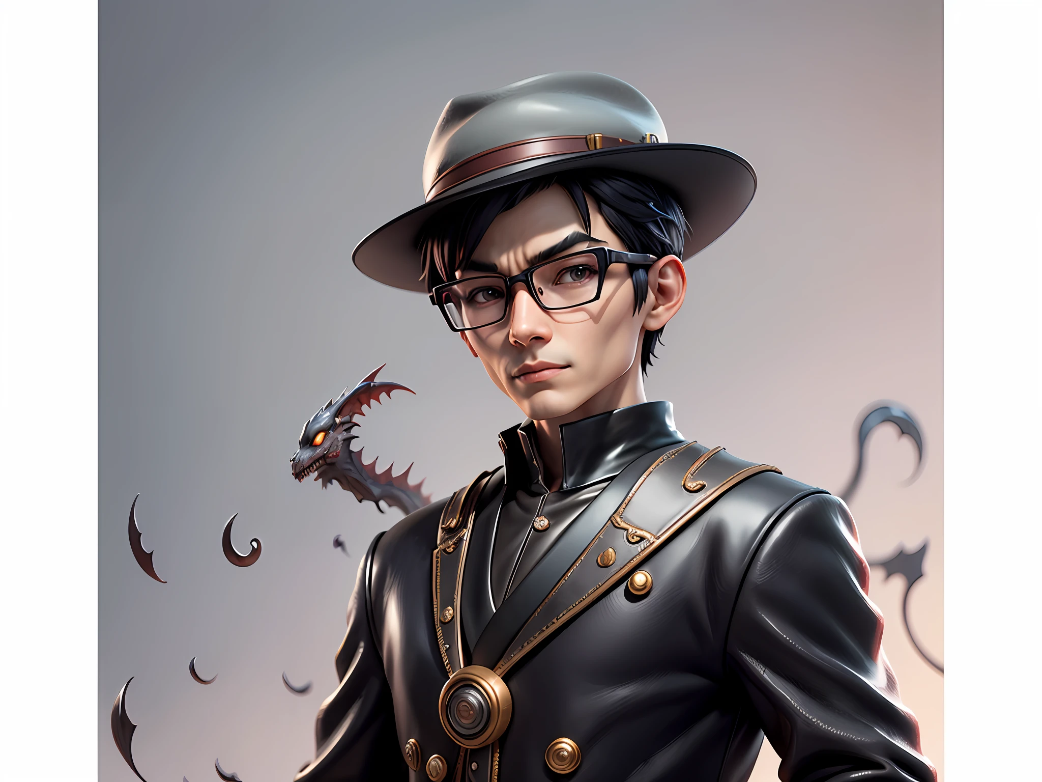 Young man with oriental face in leather hat, dragon, formal suit, short black hair, silver glasses, digital painting, 3D character design by Mark Clairedon and Pixar and Hayao Miyazaki and Akira Toriyama, the illustration is a high-definition illustration in 4K resolution with very detailed facial features and cartoon-style visuals.