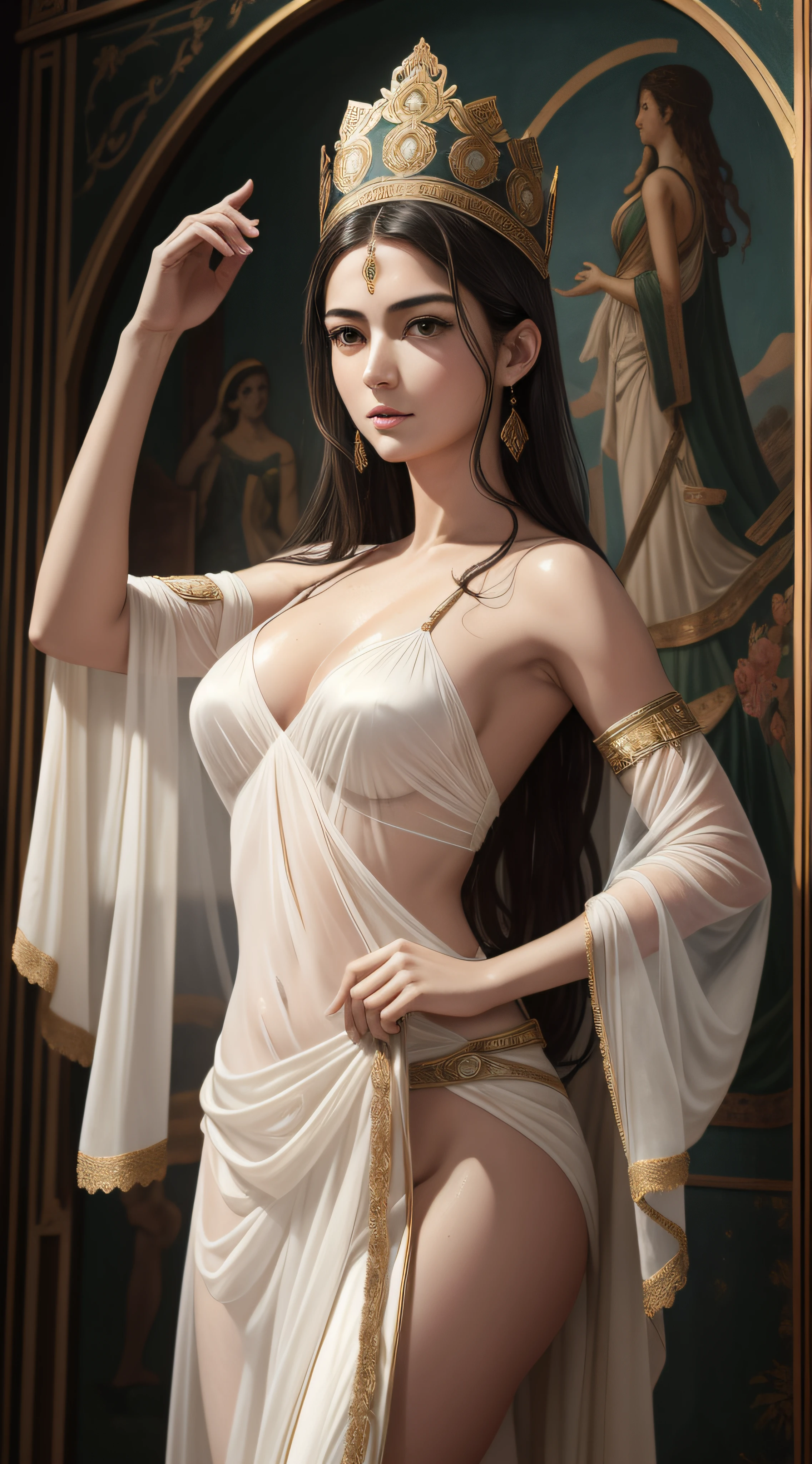 Historical Museum,Historical relief frescoes,oil painted,goddes,mito,Artistically,8K quality,stately,((see-through transparent clothes,transparent gauze)),Silk gauze,perfect bodies,(((Sweat soaks clothes1.9)))Slr,closeup cleavage,complexdetails,(((Not naked, But undress 1.5)))