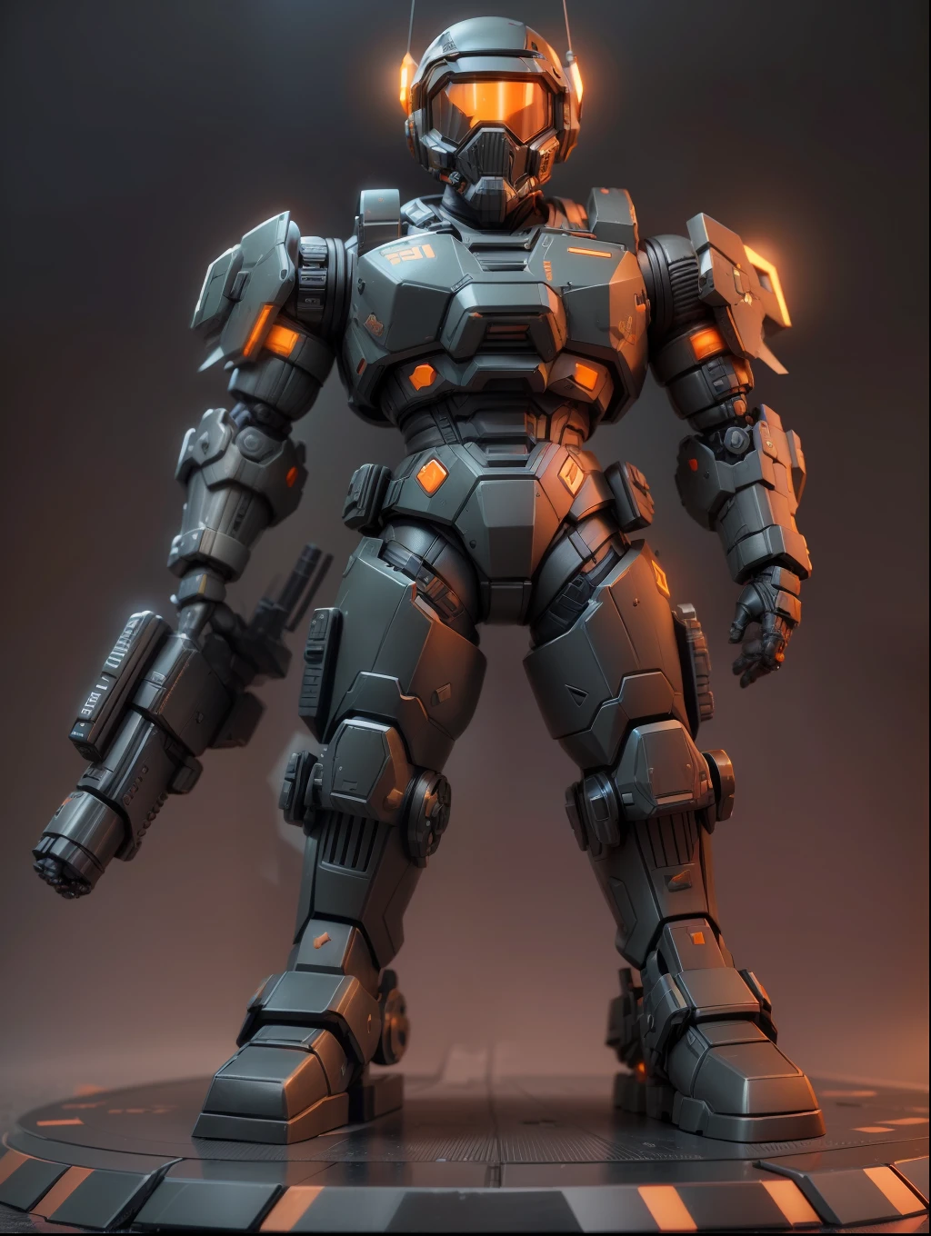 (Blind box toy style:1.2), (Full body shot) , 1 cute fat metal male machine gunner, Metal mech,Metal opaque helmet, cyber punk perssonage, dreamy glow, Clean, Black draft,Orange and black style, ( Global illumination, Ray traching, hdr, unreal render,reasonable design, high detal, Masterpiece, Best quality, hyper HD, Cinematic lighting)