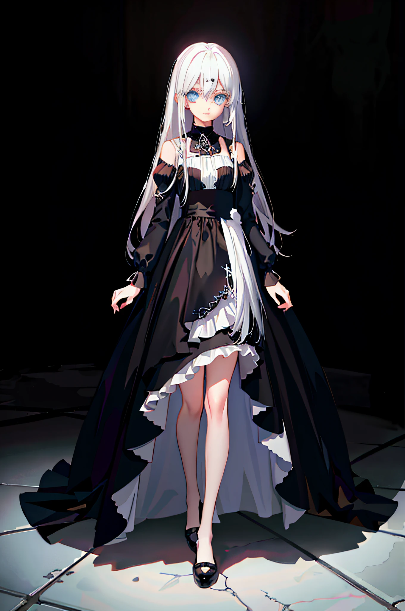 (Perfect white haired girl,Anime girl with blue eyes in black dress)+(Cute in a dress)+(gothic maiden anime girl),Beautiful outfit,Güvez popularized digital art on the ArtStation Pixiv,Anime girl with black hair and blue eyes