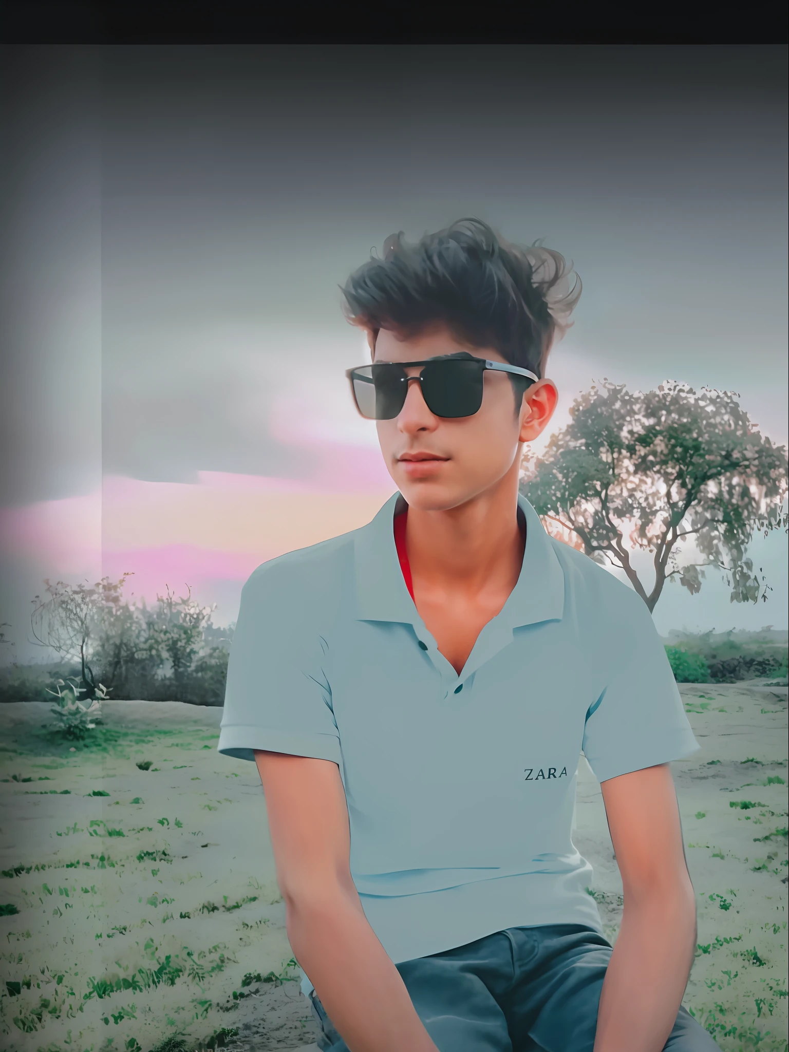 there is a man sitting on a rock in a field, with a cool pose, with lovely look, edited in photoshop, portait photo profile picture, with sunset, mohamed chahin style, profile pic, profile picture 1024px, ayan nag, casual photography, photograpgy, very very low quality picture, background blur, stylish pose