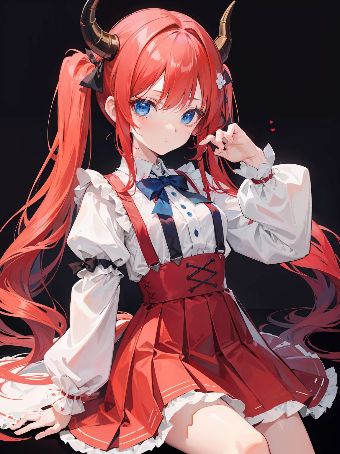 {{best quality}}, {{masterpiece}}, {{ultra-detailed}}, {illustration}, {detailed light}, red hair,blue eyes,twintails,lolita,Suspenders skirt,Fantastic,loli,solo,Dragon horns,little girl,long hair