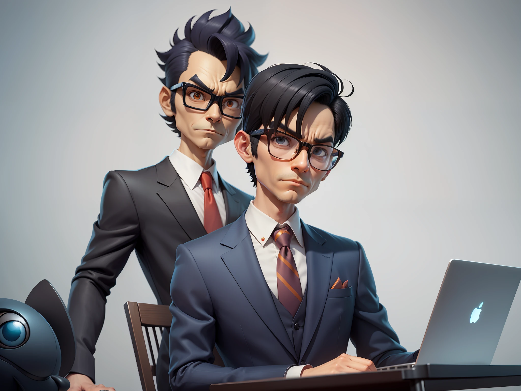 A young man in a suit and pants, Short hair and glasses sat at his desk,holding laptop,digitial painting,tigre,3D character design by Mark Clairen and Pixar and Hayao Miyazaki and Akira Toriyama,4K HD illustration,Very detailed facial features and cartoon-style visuals。