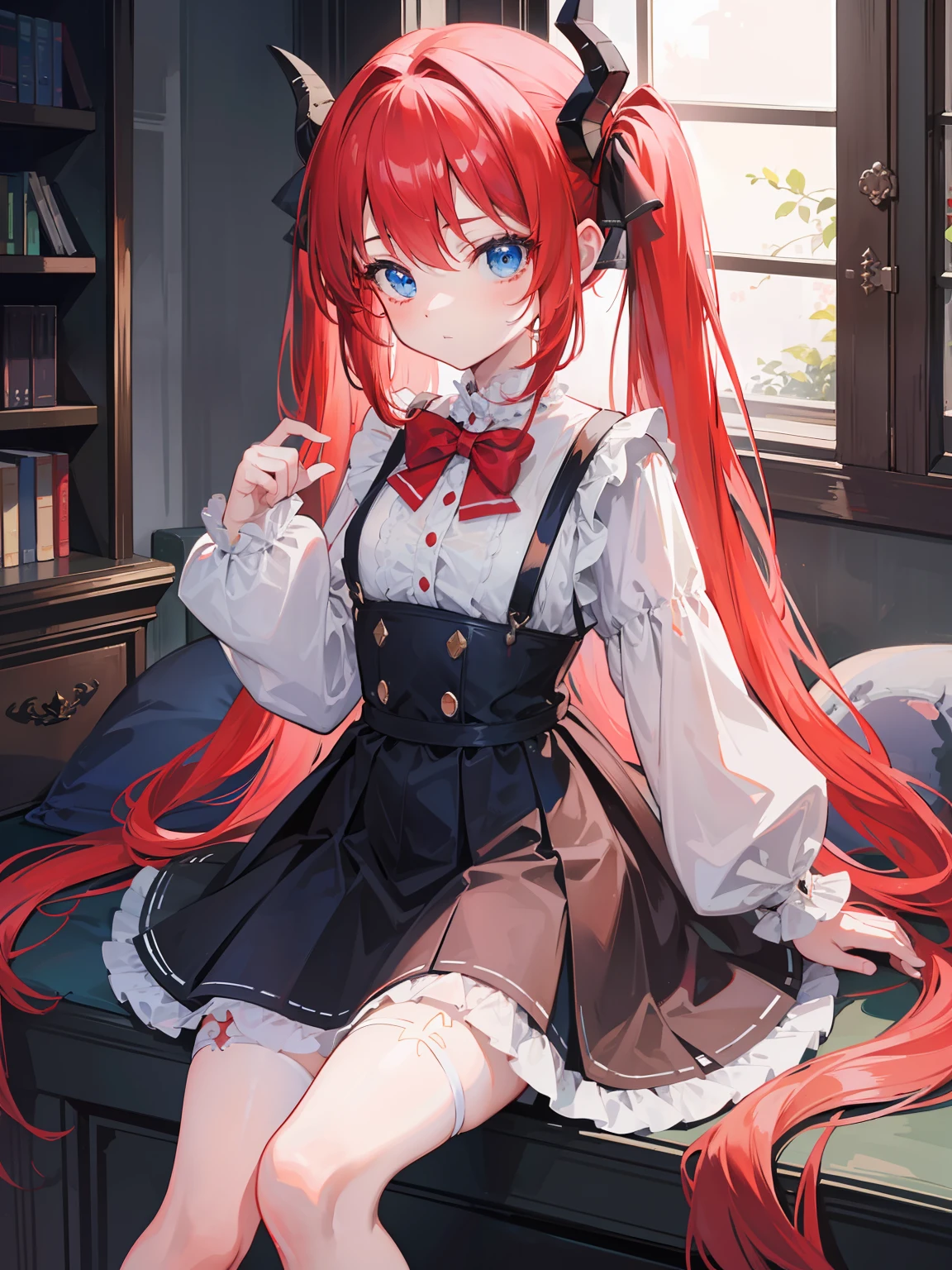 {{best quality}}, {{masterpiece}}, {{ultra-detailed}}, {illustration}, {detailed light}, red hair,blue eyes,twintails,lolita,Suspenders skirt,Fantastic,loli,solo,Dragon horns,little girl,long hair