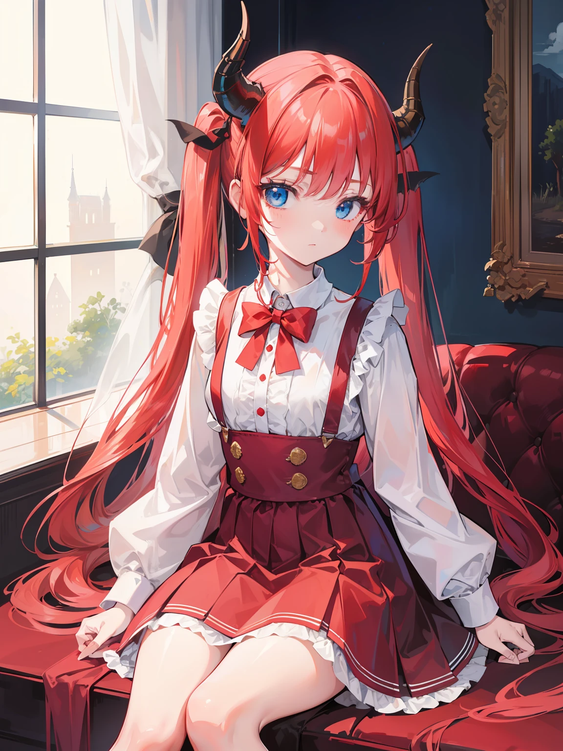 {{best quality}}, {{masterpiece}}, {{ultra-detailed}}, {illustration}, {detailed light}, red hair,blue eyes,twintails,lolita,Suspenders skirt,Fantastic,loli,solo,Dragon horns,little girl,long hair
