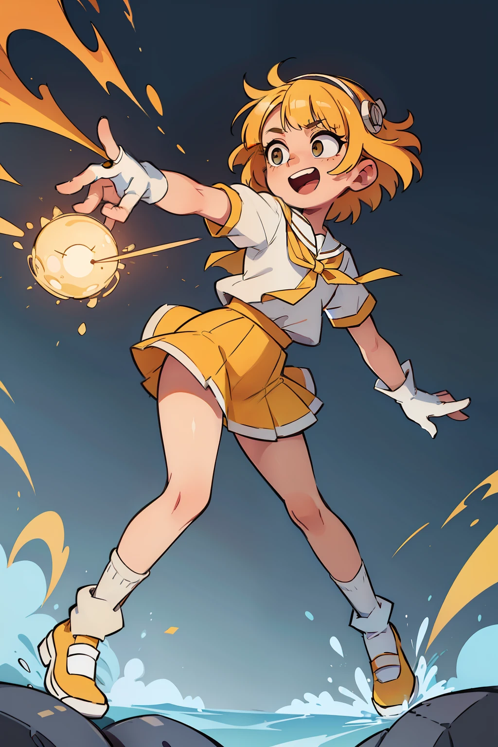 ((Masterpiece, highest quality)), detailed face, Full body, full of details, highly detailed, depth, many parts, 1girl, yellow school uniform, multiples hair ornaments, many hair pins, many hair clips, multiple accessories, happy, open mouth, grey eyes, white pupils, sparks, skirt, leg warmers, loose socks, yellow shoes, fingerless gloves, short sleeves, bangs, really messy hair, short yellow hair,