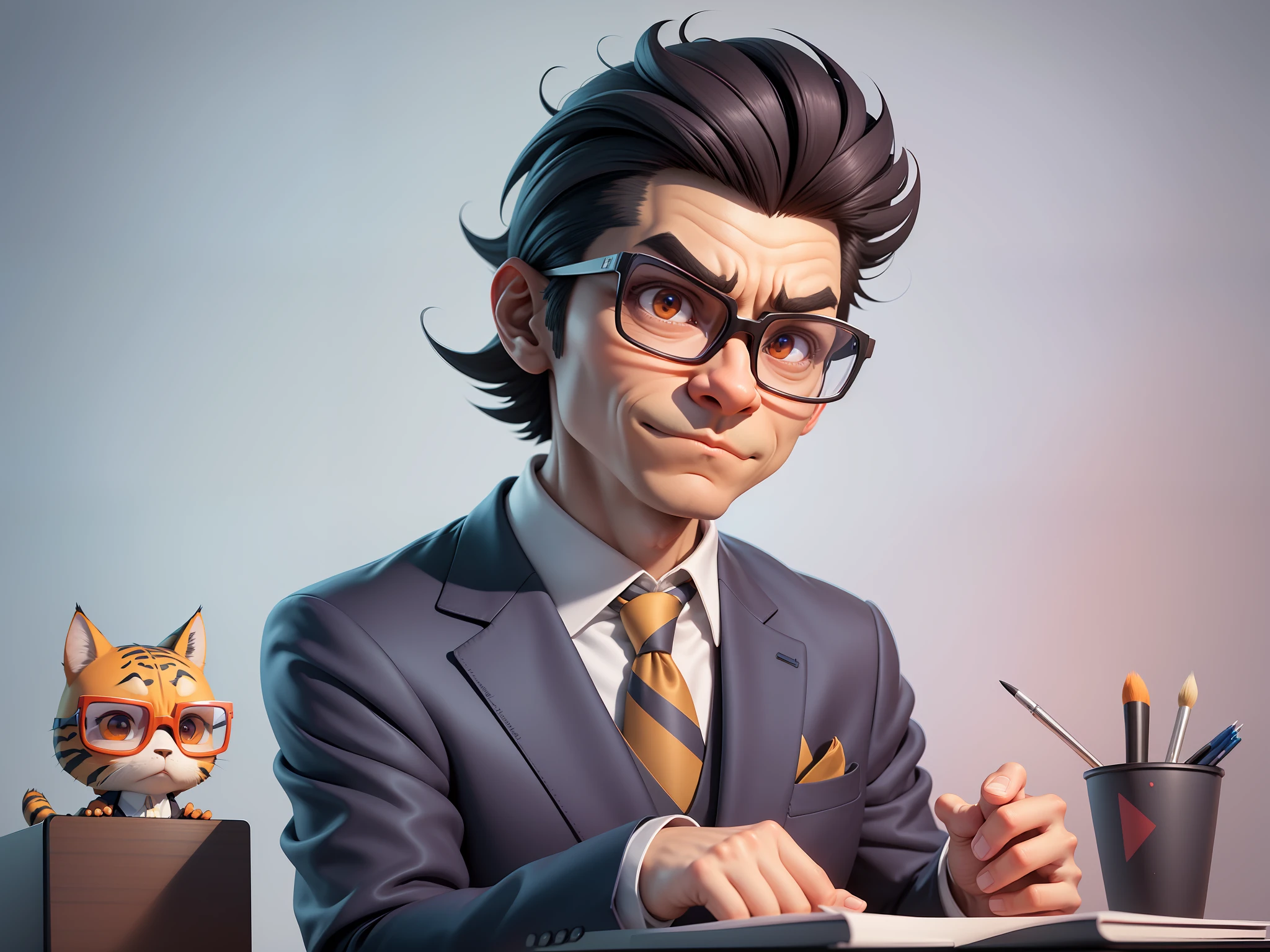 A young man in a suit and pants, Short hair and glasses sat at his desk，holding laptop，digitial painting，tigre，3D character design by Mark Clairen and Pixar and Hayao Miyazaki and Akira Toriyama，4K HD illustration，Very detailed facial features and cartoon-style visuals。