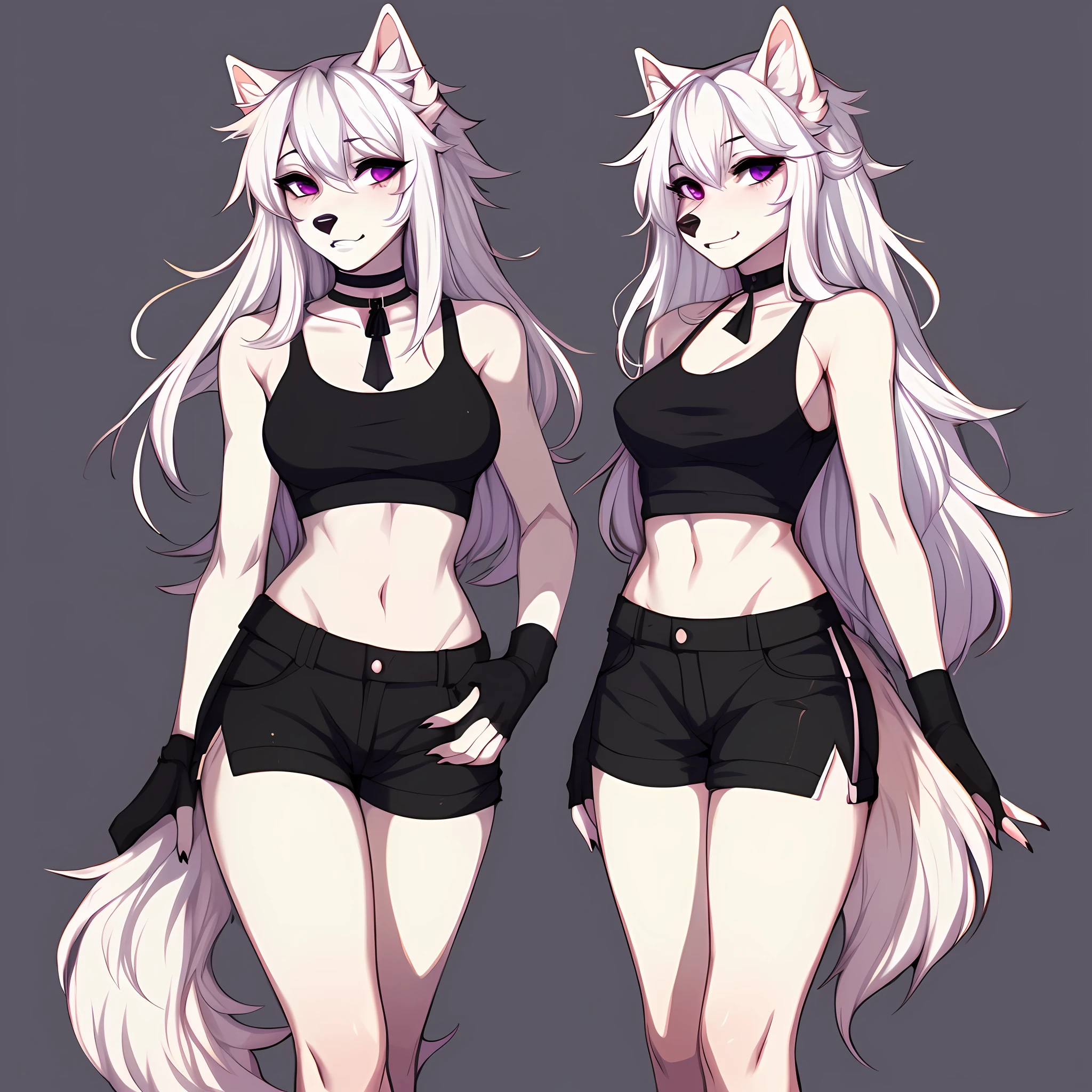 (By hyattlen, by fumiko, by claweddrip:1.2), solo, female focus, Cute white anthro furry wolf girl, female, white fur, white fluffy body, black nose, (cute snout:1.1), white fluffy tail, long white hair, simple solid purple eyes, highly detailed, canine teeth, (looking away:1.1), medium breasts, wearing black tank top, cut off black gloves, black shorts, combat boots, black choker, simple background, standing, neutral position
