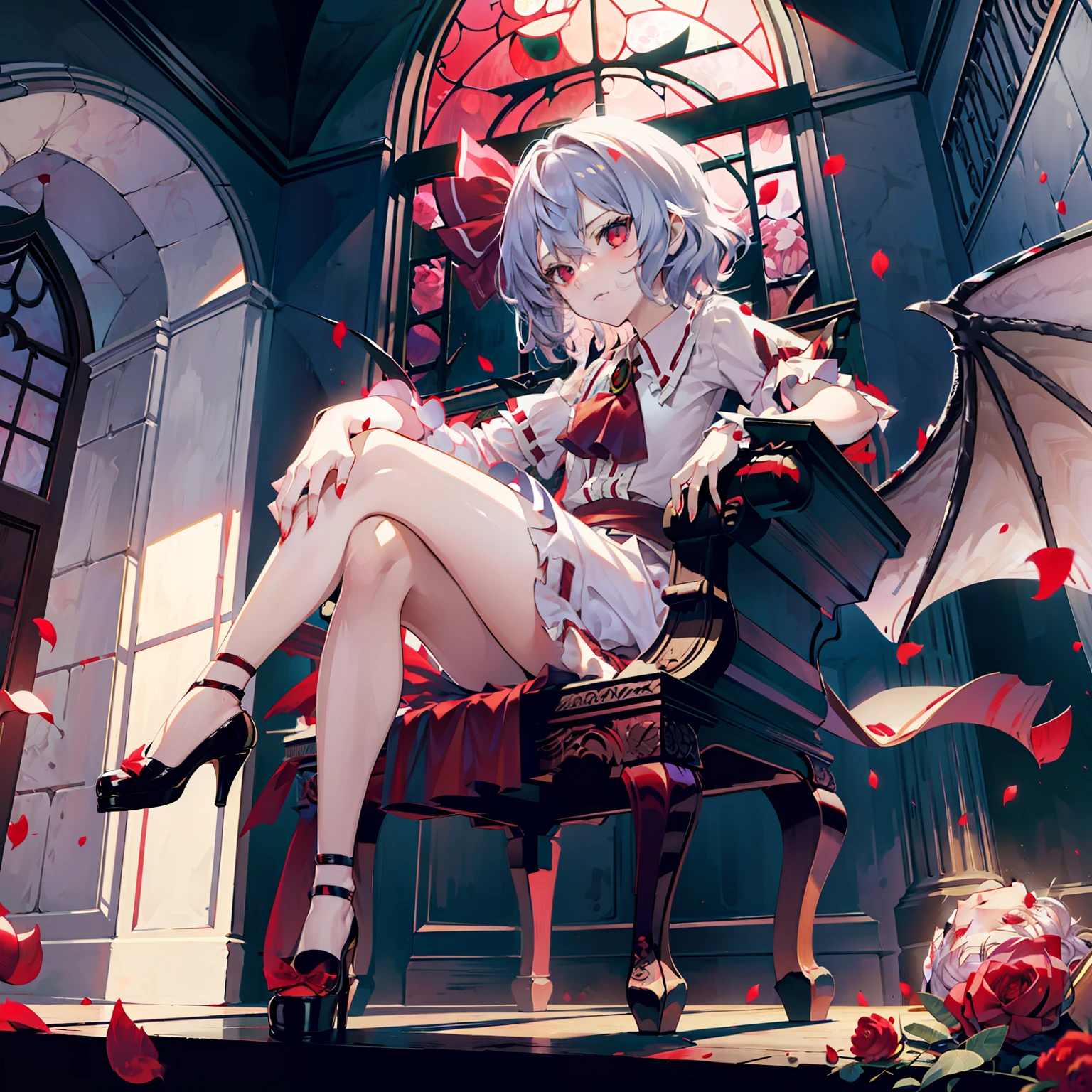 Illustration of Remilia Scarlett sitting on a chair, masutepiece, Fine detail, 4K, 8K, 12K, Solo, One Person, Beautiful Girl, caucasian female, remilia scarlet, Noble Chair, western building, Indoors, Rose petals, stain glass, Red Moon, fullmoon