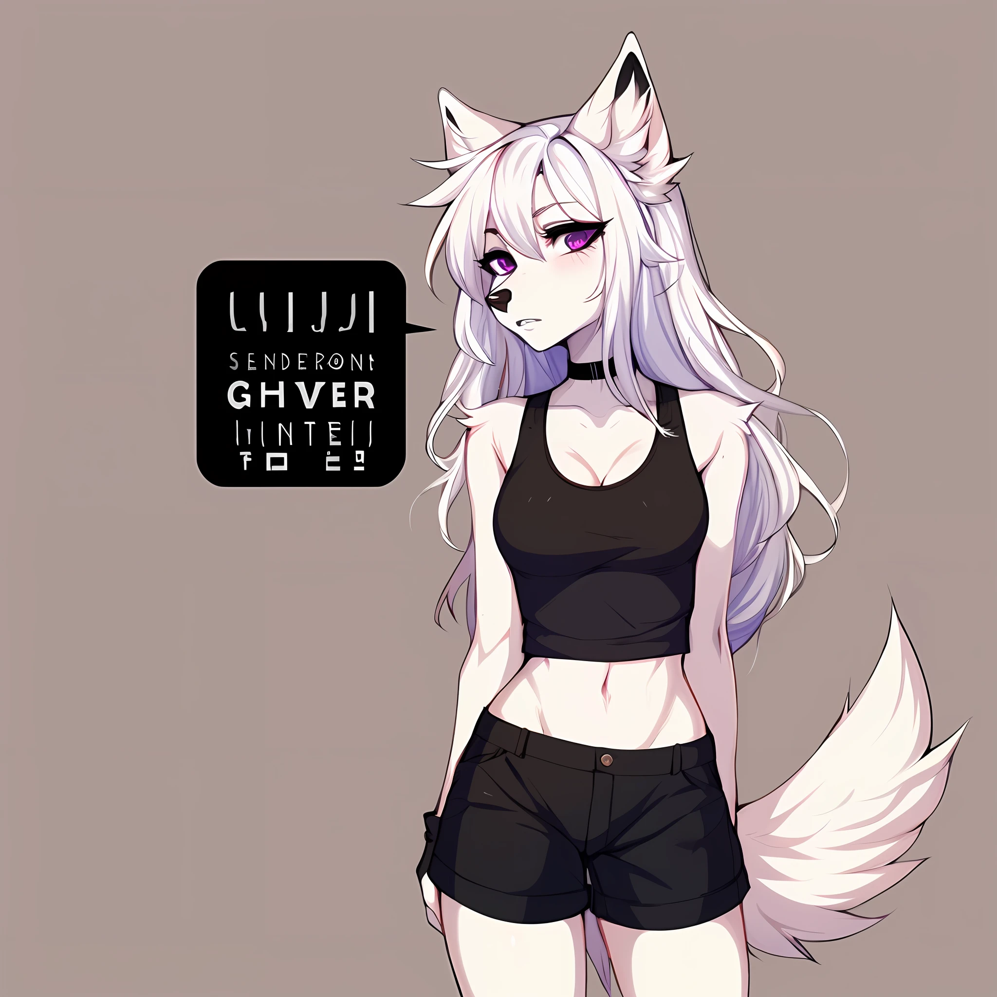 (By hyattlen, by fumiko, by claweddrip:1.2), solo, female focus, Cute white anthro furry wolf girl, female, white fur, white fluffy body, black nose, (cute snout:1.1), white fluffy tail, long white hair, simple solid purple eyes, highly detailed, canine teeth, (looking away:1.1), medium breasts, wearing black tank top, cut off black gloves, black shorts, combat boots, black choker, simple background, standing, neutral position