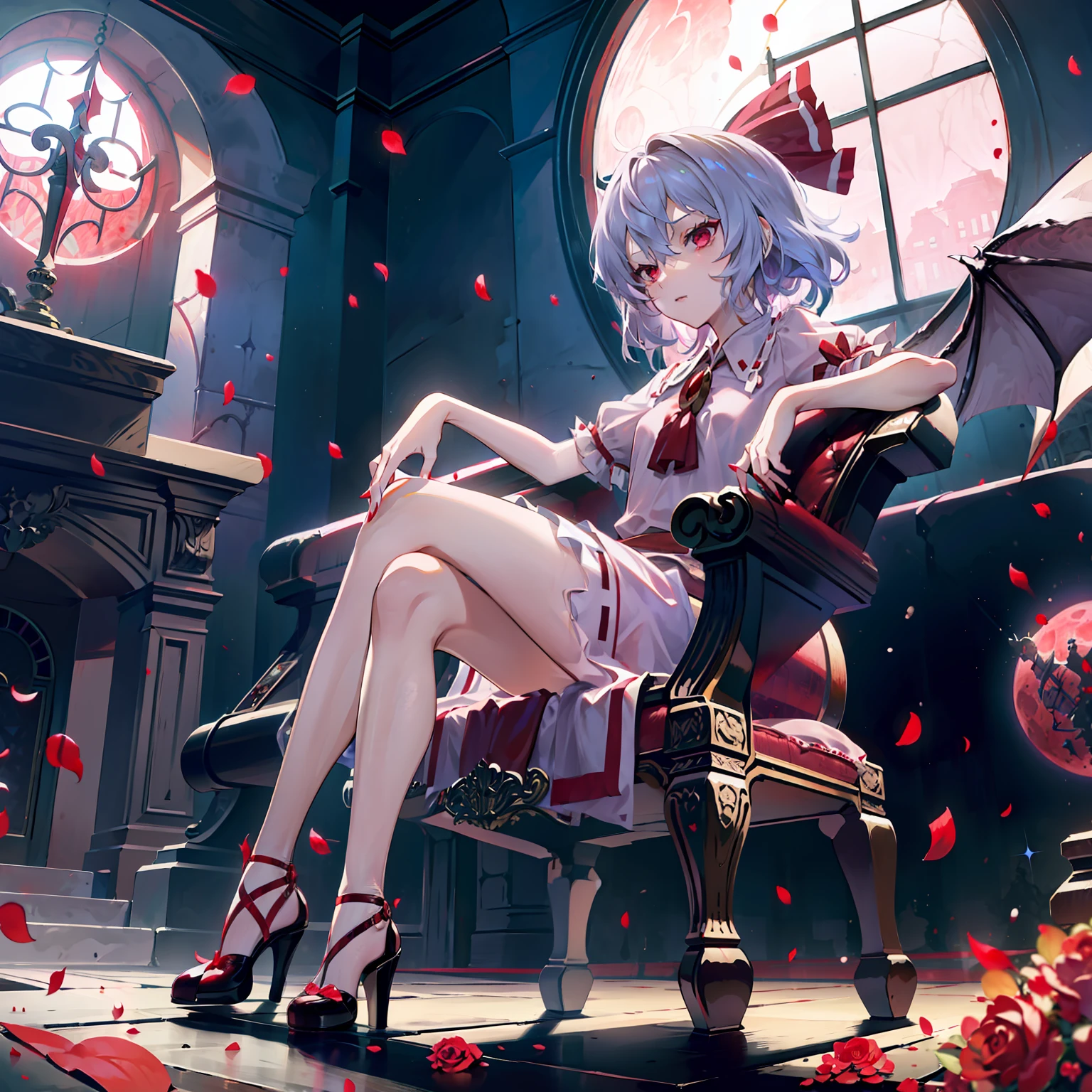 Illustration of Remilia Scarlett sitting on a chair, masutepiece, Fine detail, 4K, 8K, 12K, Solo, One Person, Beautiful Girl, caucasian female, remilia scarlet, Noble Chair, western building, Indoors, Rose petals, stain glass, Red Moon, fullmoon