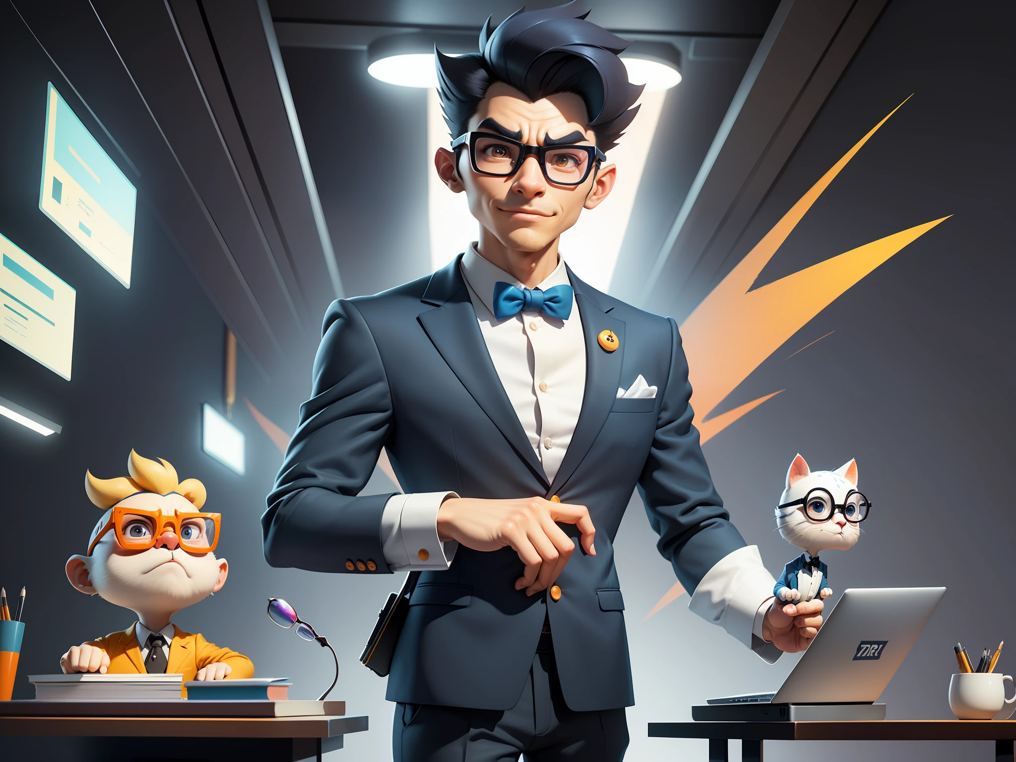 A young man in a suit and pants, Short hair and glasses sat at his desk，holding laptop，digitial painting，tigre，3D character design by Mark Clairen and Pixar and Hayao Miyazaki and Akira Toriyama，4K HD illustration，Very detailed facial features and cartoon-style visuals。