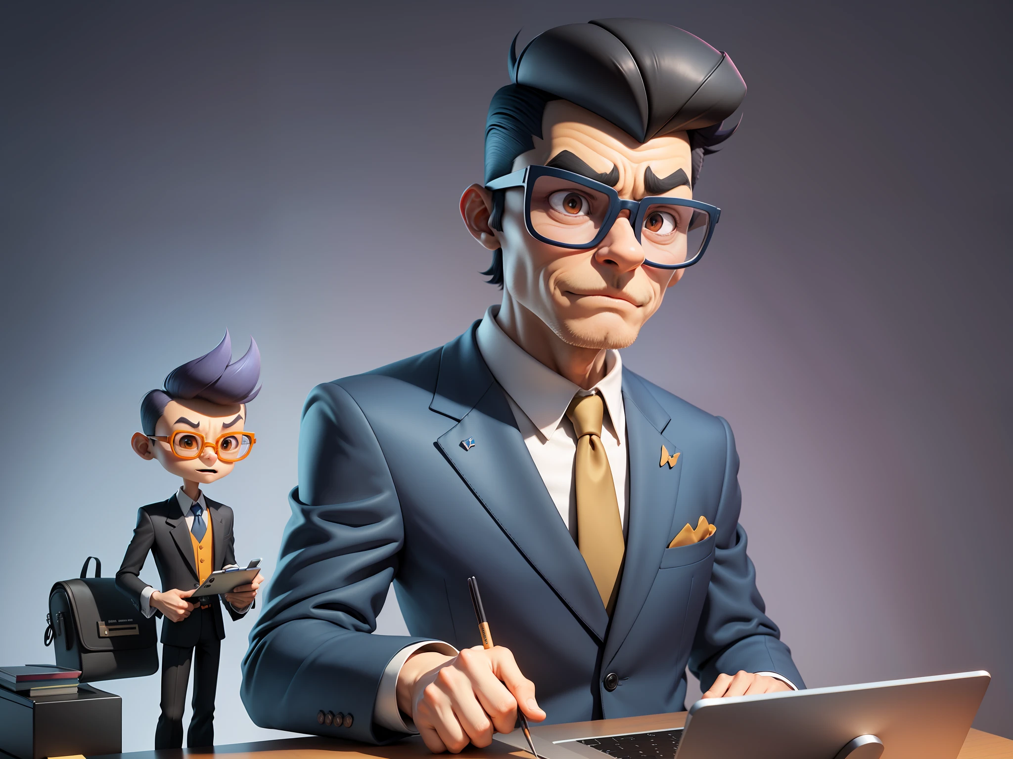 A young man in a suit and pants, Short hair and glasses sat at his desk，holding laptop，digitial painting，tigre，3D character design by Mark Clairen and Pixar and Hayao Miyazaki and Akira Toriyama，4K HD illustration，Very detailed facial features and cartoon-style visuals。