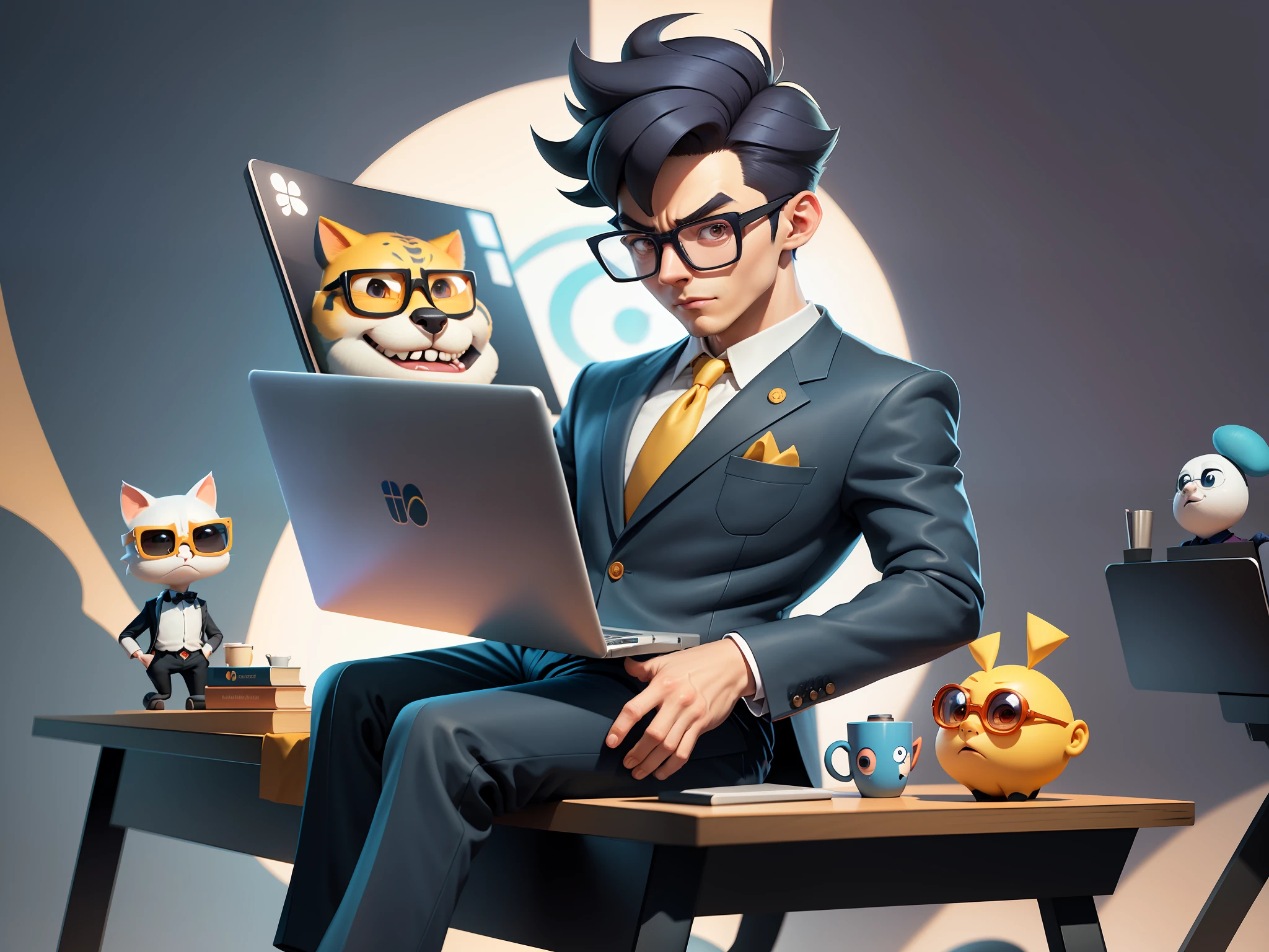 A young man in a suit and pants, Short hair and glasses sat at his desk,holding laptop,digitial painting,tigre,3D character design by Mark Clairen and Pixar and Hayao Miyazaki and Akira Toriyama,4K HD illustration,Very detailed facial features and cartoon-style visuals。