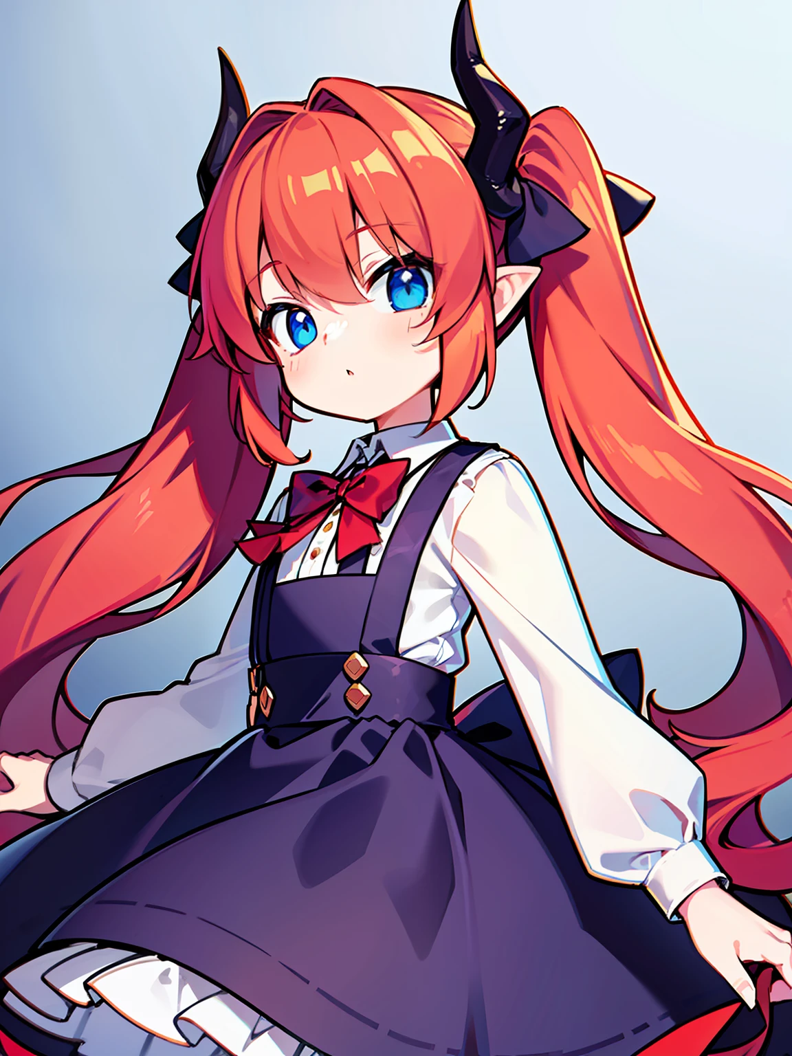 {{best quality}}, {{masterpiece}}, {{ultra-detailed}}, {illustration}, {detailed light}, red hair,blue eyes,twintails,lolita,Suspenders skirt,Fantastic,loli,solo,Dragon horns, girl,long hair