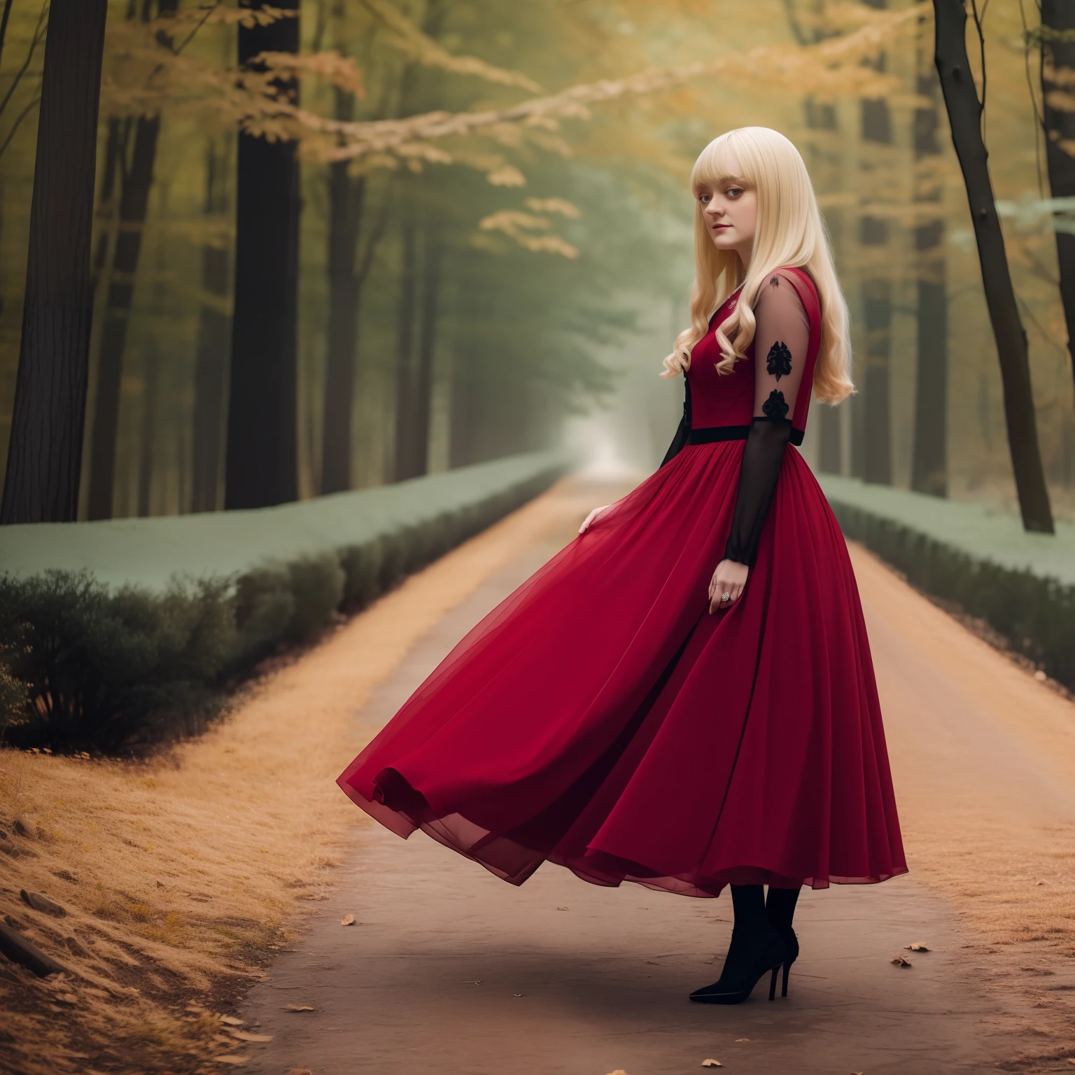 blond woman in red dress, gothic, black magic, gothic, full body, dakota fanning, soft portrait shot 8 k, female portrait, james jean soft light 4k, james jean soft light 4 k, a still of an ethereal