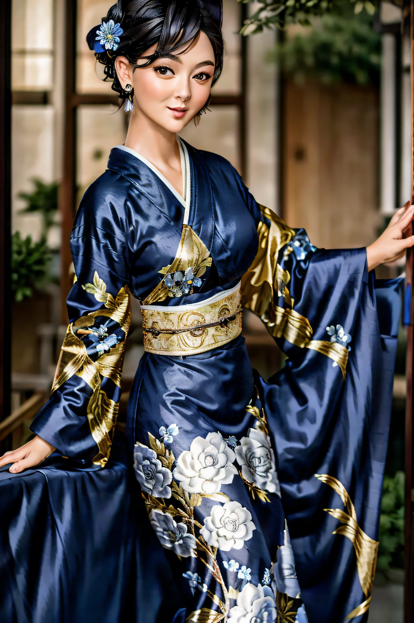 photo of a woman, blue kimono, (black stockings), hd, 8k, (intricate details, hyperdetailed:1.15) (skin texture:1.2), ((masterpiece)), (high quality), (best quality), (detailed), hd, perfect lighting, detailed face, detailed body