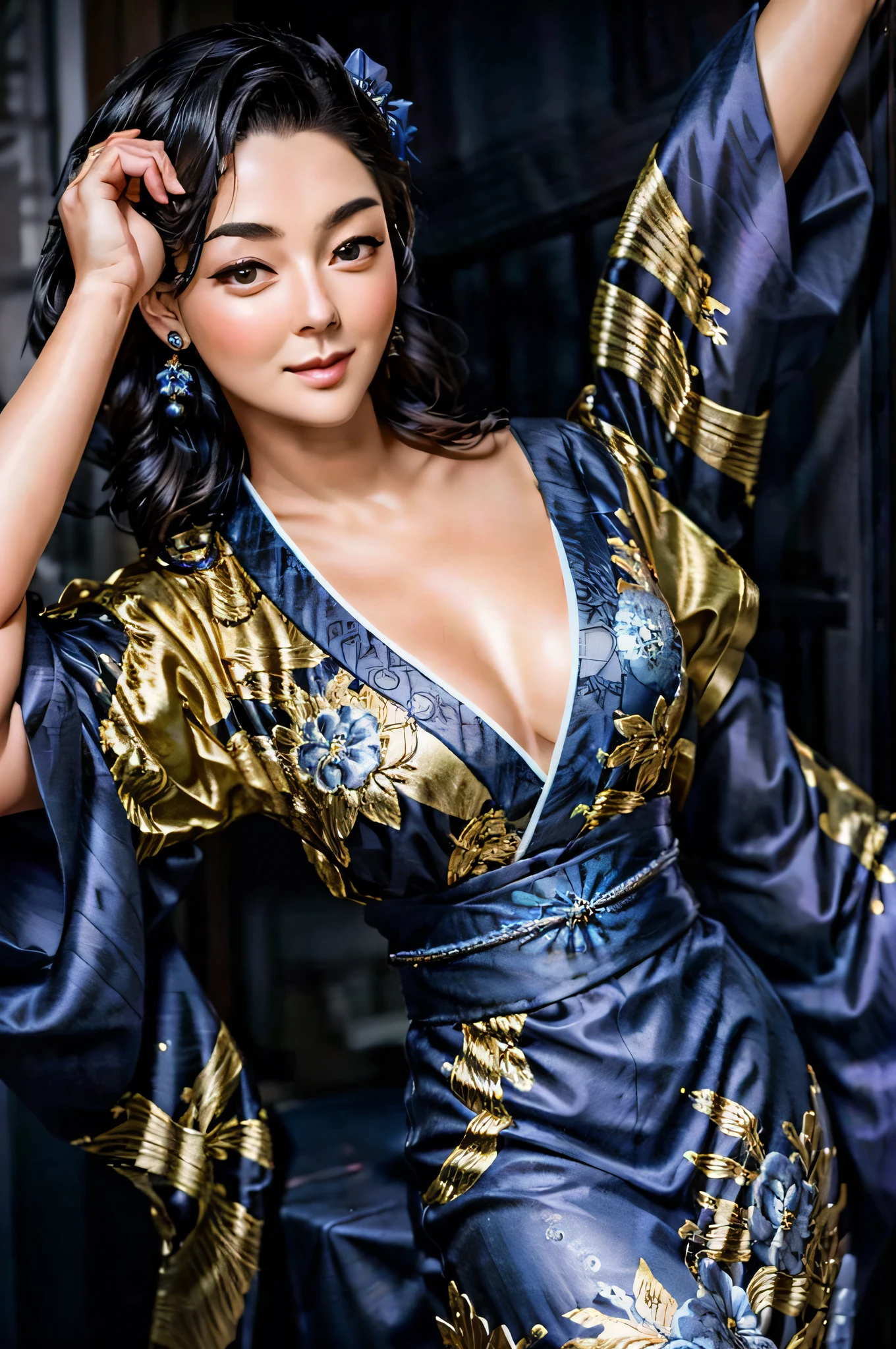 photo of a woman, blue kimono, (black stockings), hd, 8k, (intricate details, hyperdetailed:1.15) (skin texture:1.2), ((masterpiece)), (high quality), (best quality), (detailed), hd, perfect lighting, detailed face, detailed body