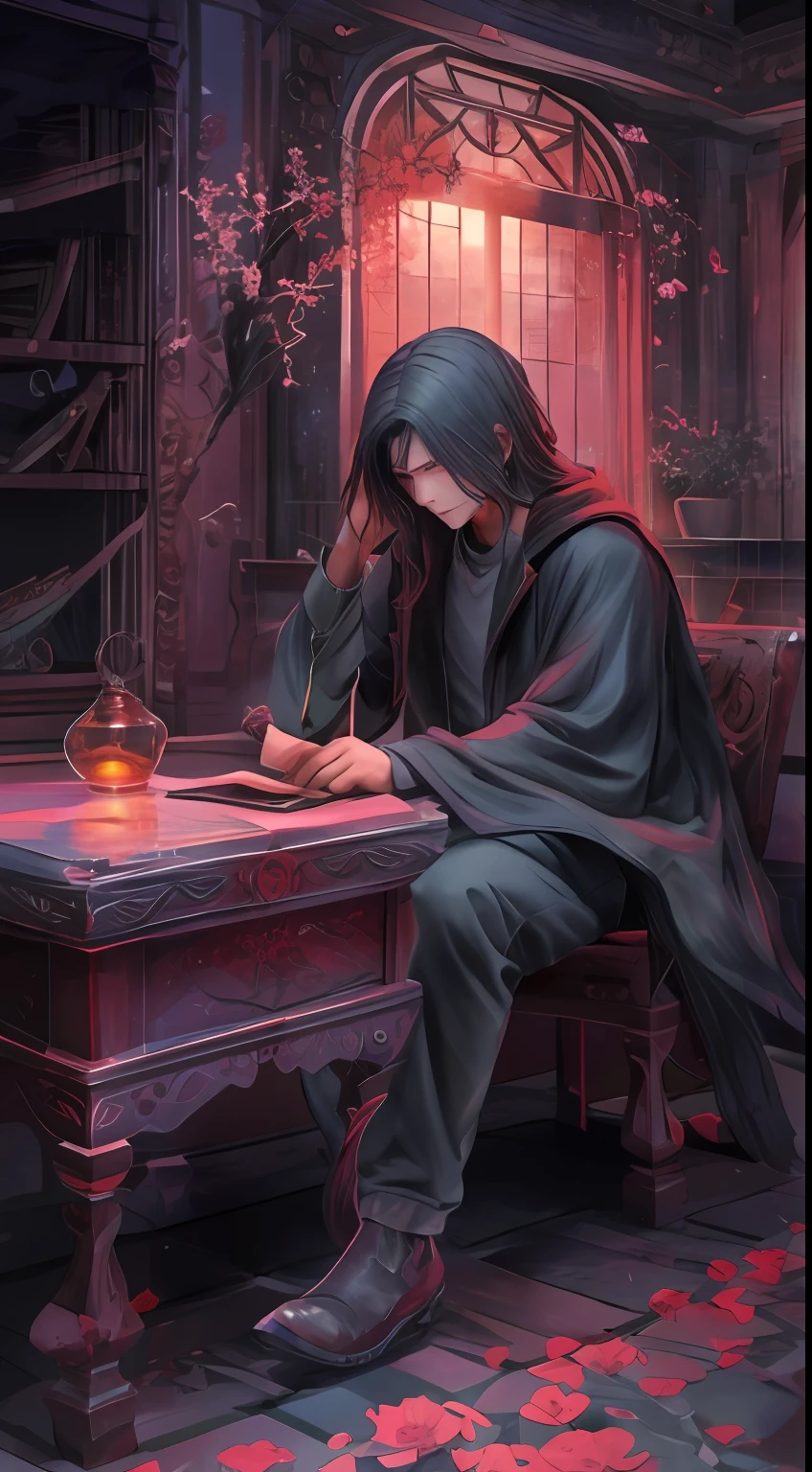 Western fantasy background,deep in the night,A ager sits like a sculpture,Flipped through it motionlessly《Pastoral secrets》。Two weird purple-red tears,From the corner of Aivas's eye, Who sits at the table,As if he had lost his soul, He kept slipping、Tick down on the page。