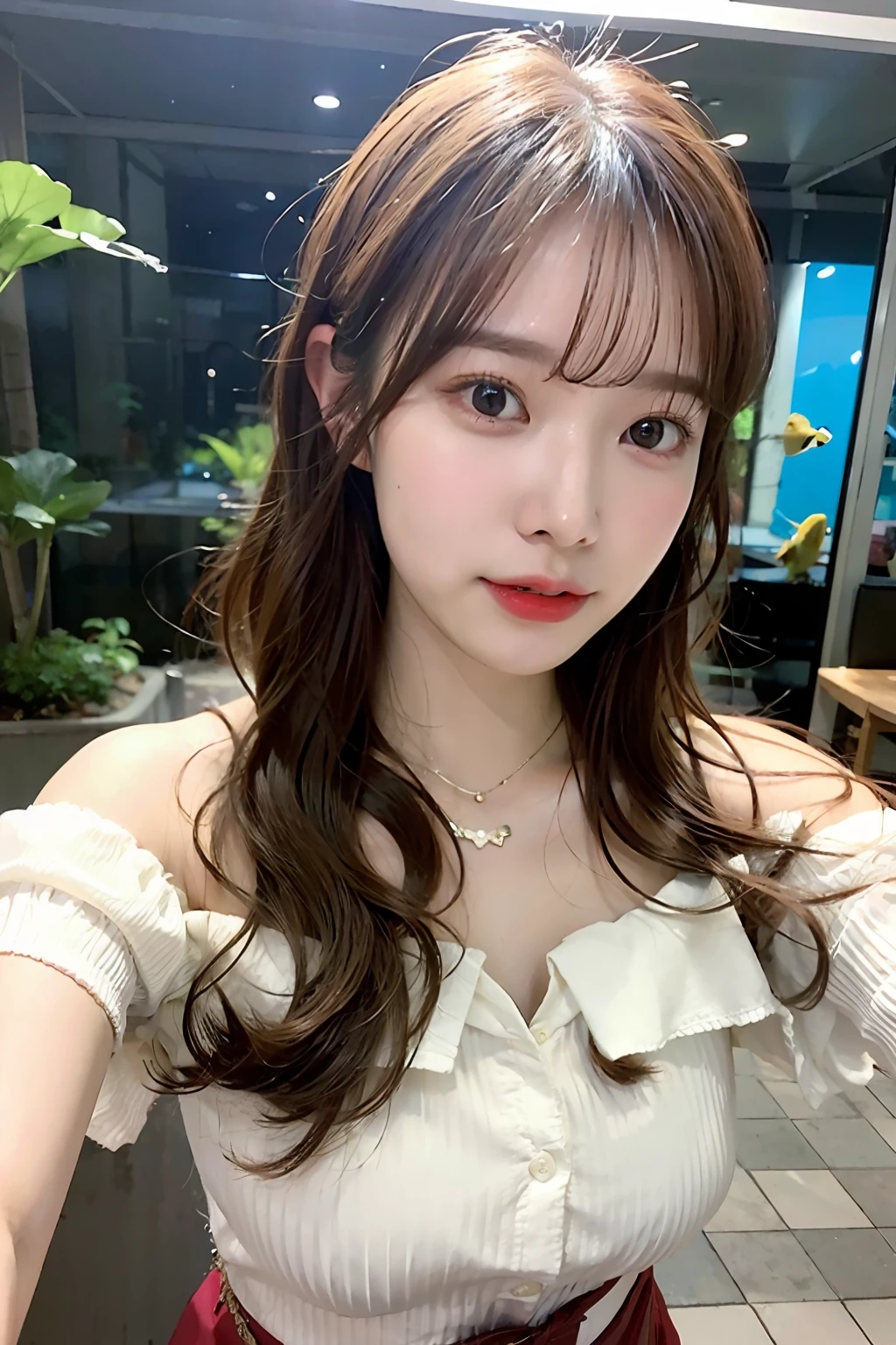 top-quality、超A high resolution、Photorealsitic、1 Idol Girl、with round face、White lace loose shirt emphasizing off-shoulder chest、tight skirts、Huge aquarium swimming flock of aquarium fish on background、Take a selfie with camera in one hand、Footage taken with your own camera、selfie photo、(short reddish-brown wavy hair、)、huge-breasted、Selfie close-up、Look at viewers、
