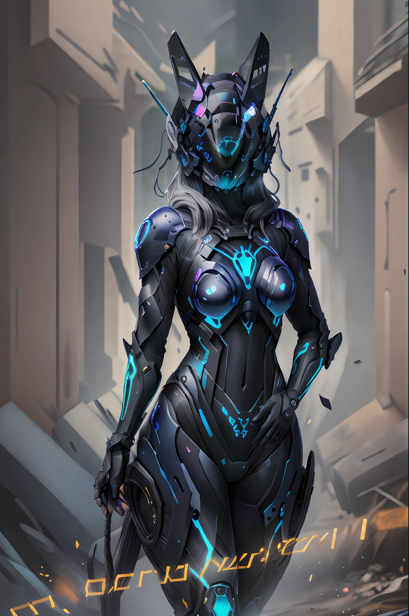 Solo, RAW photo, Realistic, Masterpiece, Best quality, high resolution, Ultra detailed, offcial art, Unity 8k wallpaper, offical wallpaper,  moody ambiance, Chiaroscuro, celtics, 1girll,1female, helmet, tightsuit, Black bodysuit, Blue-black armor，dark blue GlowingRunesAI_pale-blue [(crNanosuit|War_glam)::0.85]_chest plate,machinery suit, Animal ears, Moonlight, mitts, Innerboob, People wearing web helmets, white cyberhelmet, Fantastic,  lines of movement, ultra - detailed, Neon lights, Neon colors, Cyberpunk, Pondering, Shining, spark of light,