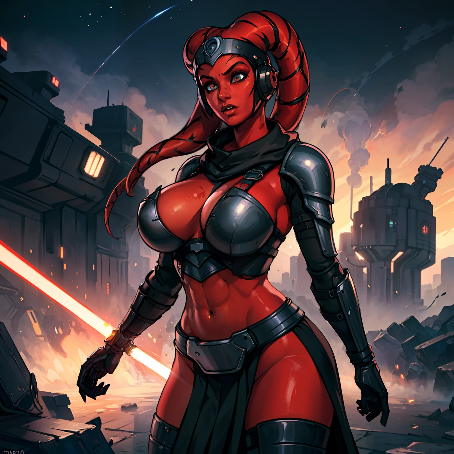 (masterpiece:1.2, best quality:1.2, beautiful, high quality, highres:1.1, aesthetic), detailed, extremely detailed, ambient soft lighting, 4K, perfect eyes, angular face, sharp features, large nose, perfect lighting, 1girl, action scene, lightsaber fighting, lasers, explosions, fire, motion lines, depth of field, masterpiece, best quality, high-definition, armor, busty, ((red skin), twi'lek), dual red lightsabers, evil space knight, space ninja, (wearing black robes, black stealth armor, breastplate, tunic, tabard, cowl, cloak, body glove, straps, buckles, skirts, long sleeves, fantasy, ((armor))), ((busty), slender body, thin, slim sexy body, slim waist, ((huge breasts))), warzone, Imperial starship, Star Wars,