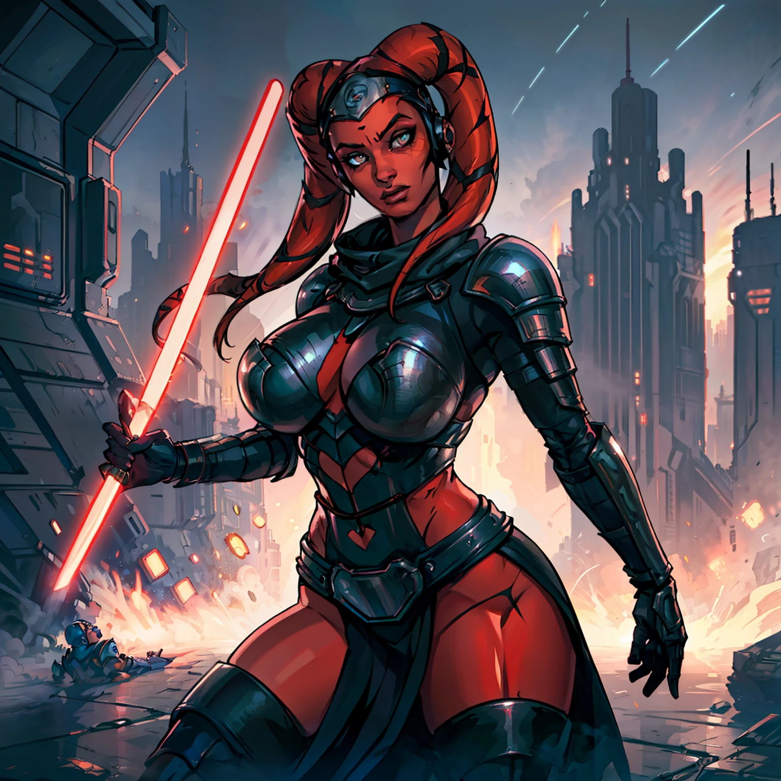 (masterpiece:1.2, best quality:1.2, beautiful, high quality, highres:1.1, aesthetic), detailed, extremely detailed, ambient soft lighting, 4K, perfect eyes, angular face, sharp features, large nose, perfect lighting, 1girl, action scene, lightsaber fighting, lasers, explosions, fire, motion lines, depth of field, masterpiece, best quality, high-definition, armor, busty, ((red skin), twi'lek), dual red lightsabers, evil space knight, space ninja, (wearing black robes, black stealth armor, breastplate, tunic, tabard, cowl, cloak, body glove, straps, buckles, skirts, long sleeves, fantasy, ((armor))), ((busty), slender body, thin, slim sexy body, slim waist, ((huge breasts))), warzone, Imperial starship, Star Wars,