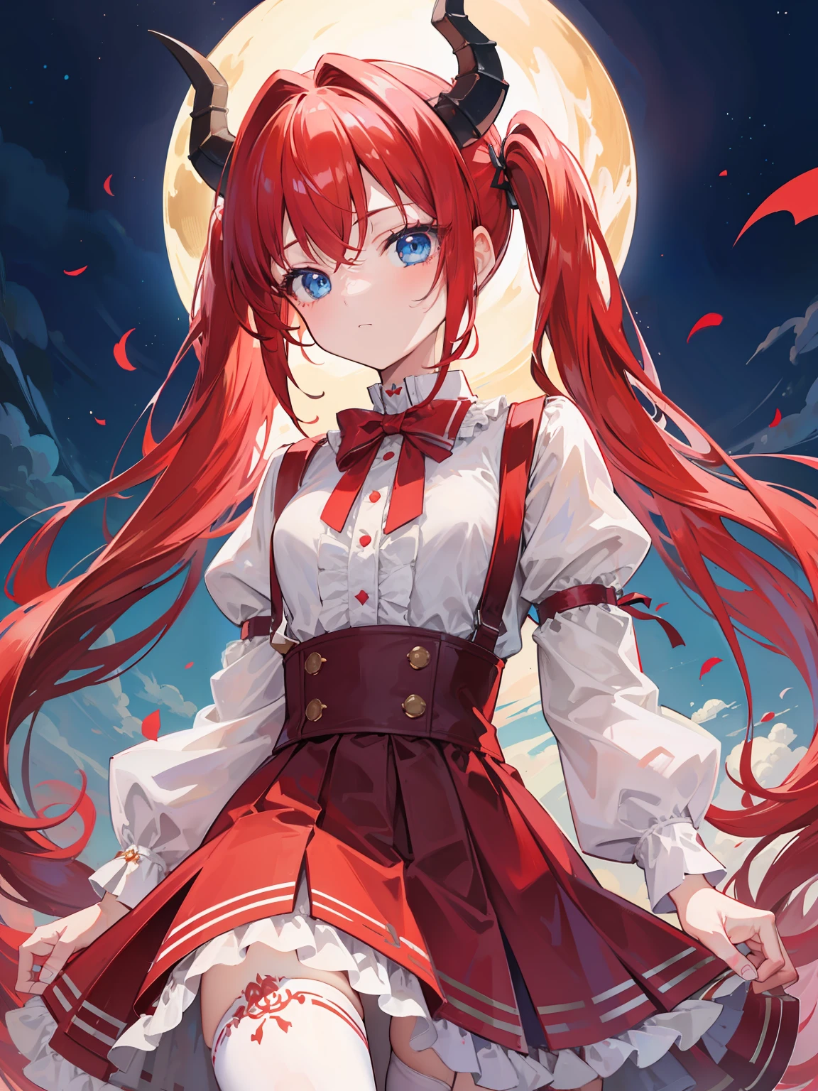 {{best quality}}, {{masterpiece}}, {{ultra-detailed}}, {illustration}, {detailed light}, red hair,blue eyes,twintails,ta,Suspenders skirt,Fantastic,lolio,Dragon horns,little gir
