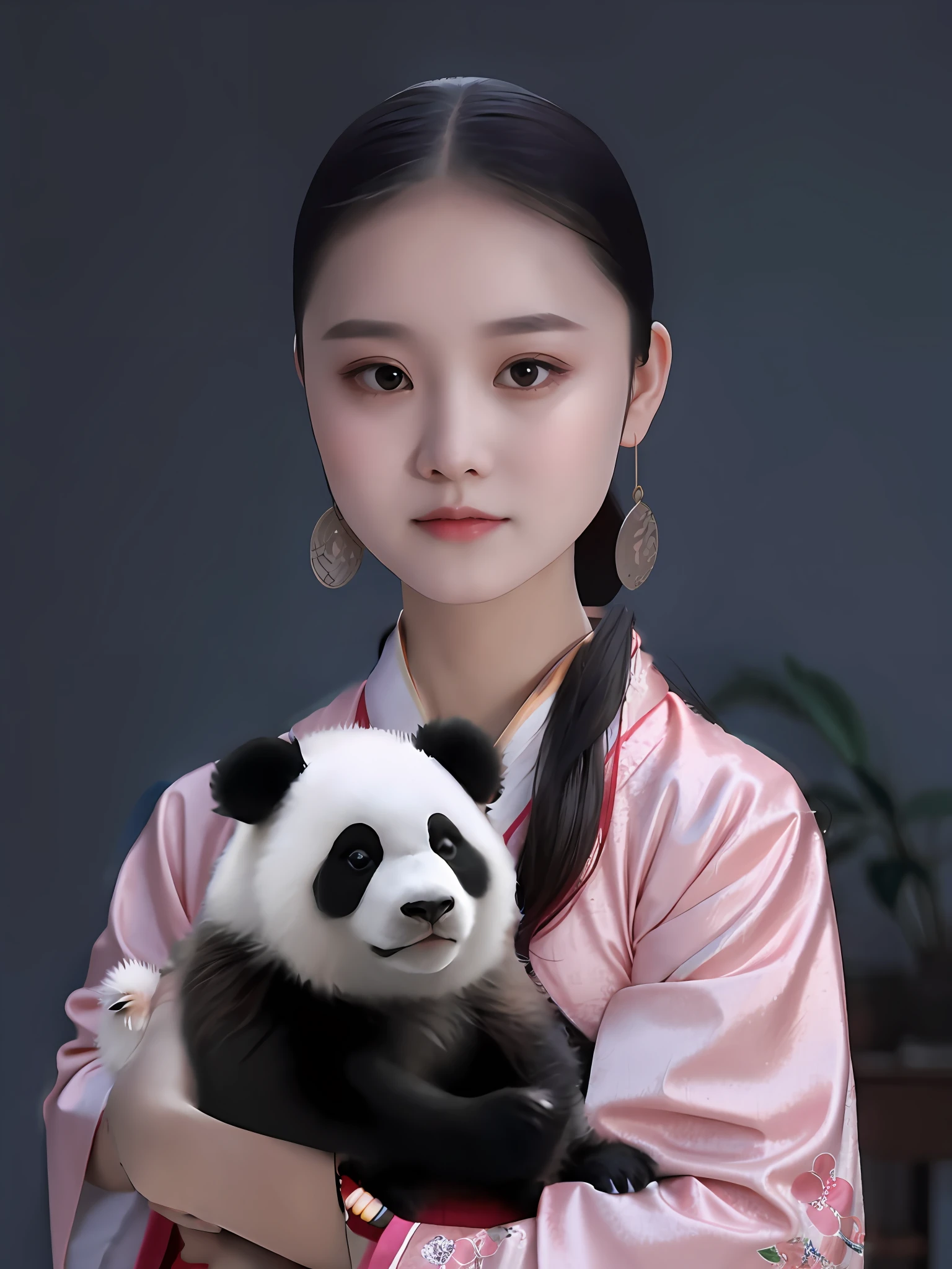 a big breast chinese girl,Pink Hanfu,Holding a panda