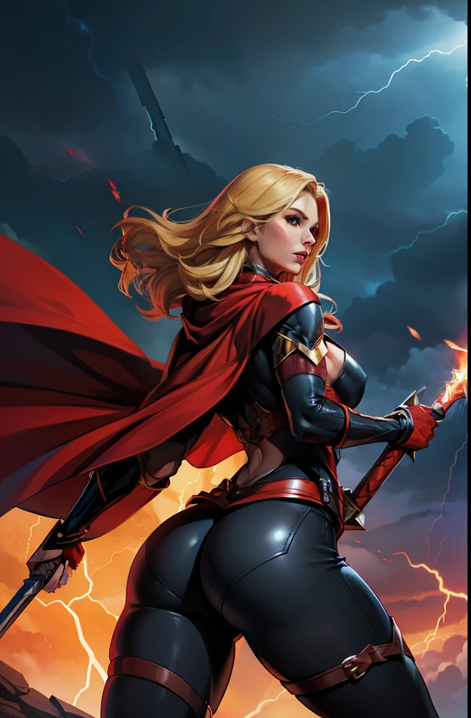 Jane_Frost holding mjolnir, RAW Photo, Ass, boobs, tight clothes, perfect body, fliying, red cape, blonde hair, thunder power effect