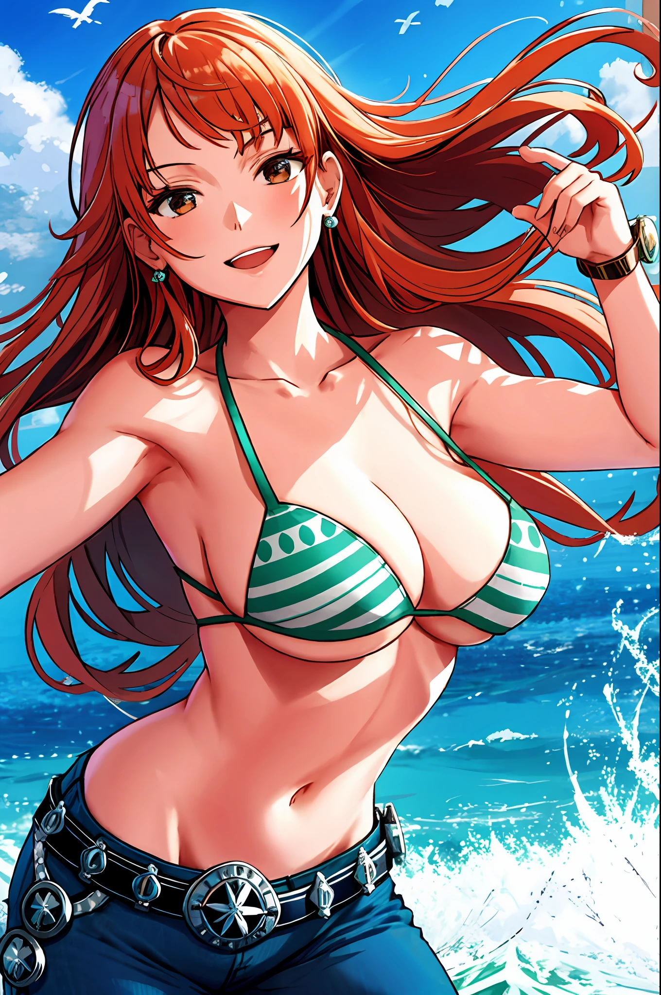 detailed background, masterpiece, 4k, epic, best quality, cheerful, late youth, adult, milf, athlete body, 1girl, active, energic, ((wide open mouth, folded legs, smile, lying on the ground, fully lying down, open eyes, hands spread sideway, jumping)) , solo, nami \(one piece\), 1girl, bangle, (very missy hair, tired, open mouth, feeling hot, tilting head, both hands spreadeagled, serious, hurt, glaring, open eyes, looking up, perfect detailed face, detailed round face) bold drawing lines, muscular arms, detailed bold body lines, flat jaw, adult woman, (wavy wide streaked bangs, floating bang, long left bangs ) (big cheeks), bare shoulders, off-shoulders, belt, bikini, bikini top only, blue sky, bracelet, springy breasts, breast lines, big round eyes, very big brown shiny eyes, bubbles, high eye position, cleavage, cloud, day, denim, earrings, floating hair, wavy hair, shiny hair, green belt, green bikini, bold groin lines, ((straw hat)), long jeans, jewelry, medium breasts, log pose, long hair, looking at viewer, long navel, wet hair, orange hair, pants, shoulder tattoo, sidelocks, sky, solo, stomach, swimsuit, tattoo, detailed left arm, big forehead, hourglass figure, small head, toned body, wide hair, wind effect, sun effect, under the sun, narrow small ears angle, older, straight shot, water splashes