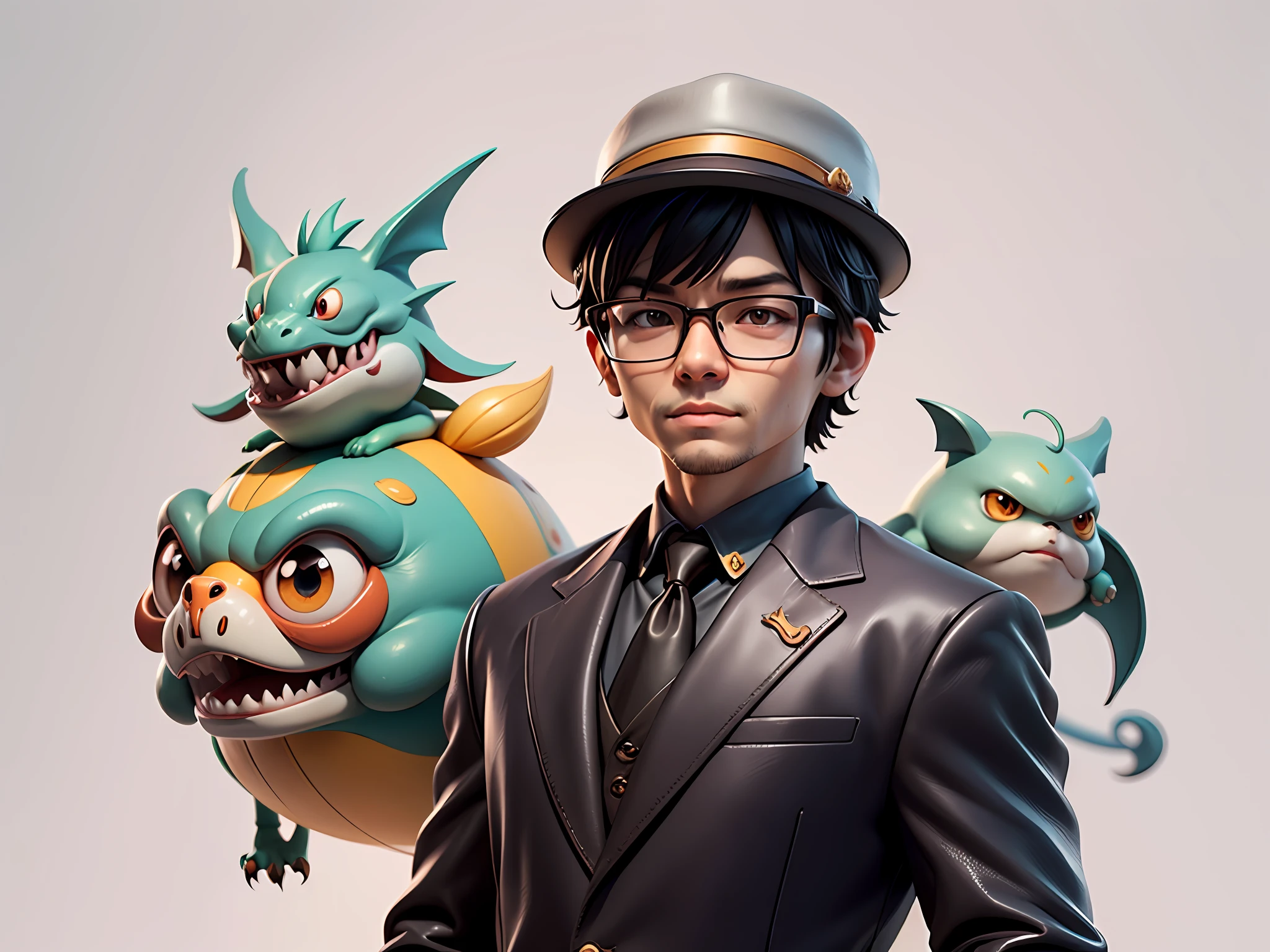 Young man with oriental face in leather hat, dragon, formal suit, short black hair, silver glasses, digital painting, 3D character design by Mark Clairedon and Pixar and Hayao Miyazaki and Akira Toriyama, the illustration is a high-definition illustration in 4K resolution with very detailed facial features and cartoon-style visuals.