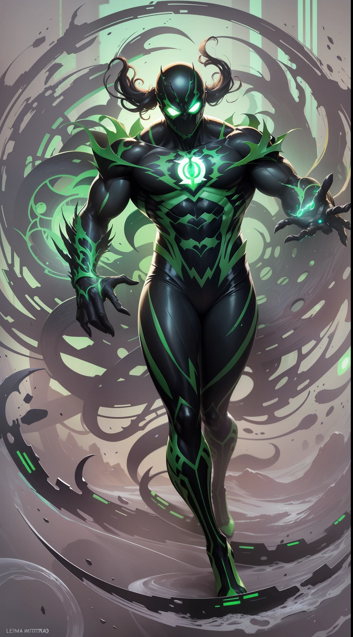 ((obra maestra impresionante)), (Ultra resolution 8K), Striking illustration of Venom symbiote fused with green lantern Hal Jordan, poderosa mezcla, Green Lantern and Venom Epica Original Combination, linterna verde vestido del simbionte Venom, obra maestra sin antecedentes,Traje Cyberpunk,Symbiotic wings, Symbiotic Weapons Ring, Hetera Illustration, dark ilumination, Spectral illumination