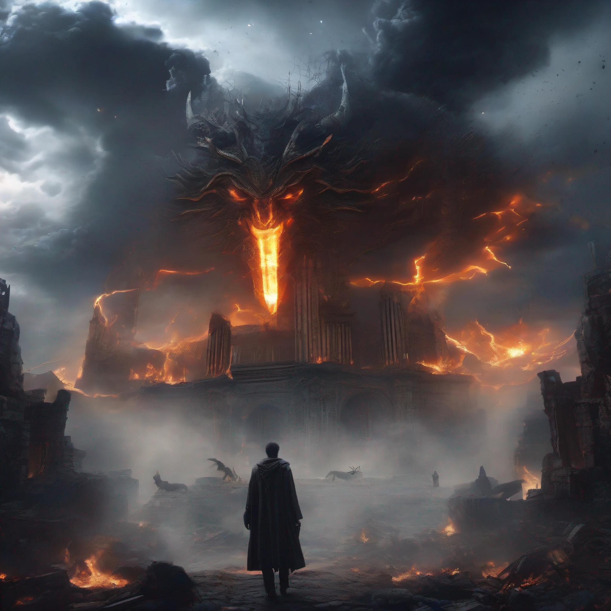 ，masterpiece, best quality，8k, ultra highres，The messengers of hell took heavy and powerful steps，Came to the ruins。It was surrounded by ruined buildings and collapsed pillars，There was a dead silence。He looked up，I saw a few dark clouds floating in the sky，Thunder and lightning are intertwined，It's like a dynamic picture。The messenger of hell raised his hands，Dark energy surged in his palm。sudden，His eyes radiated a faint blue light，Like the stars，Burning everything around him。