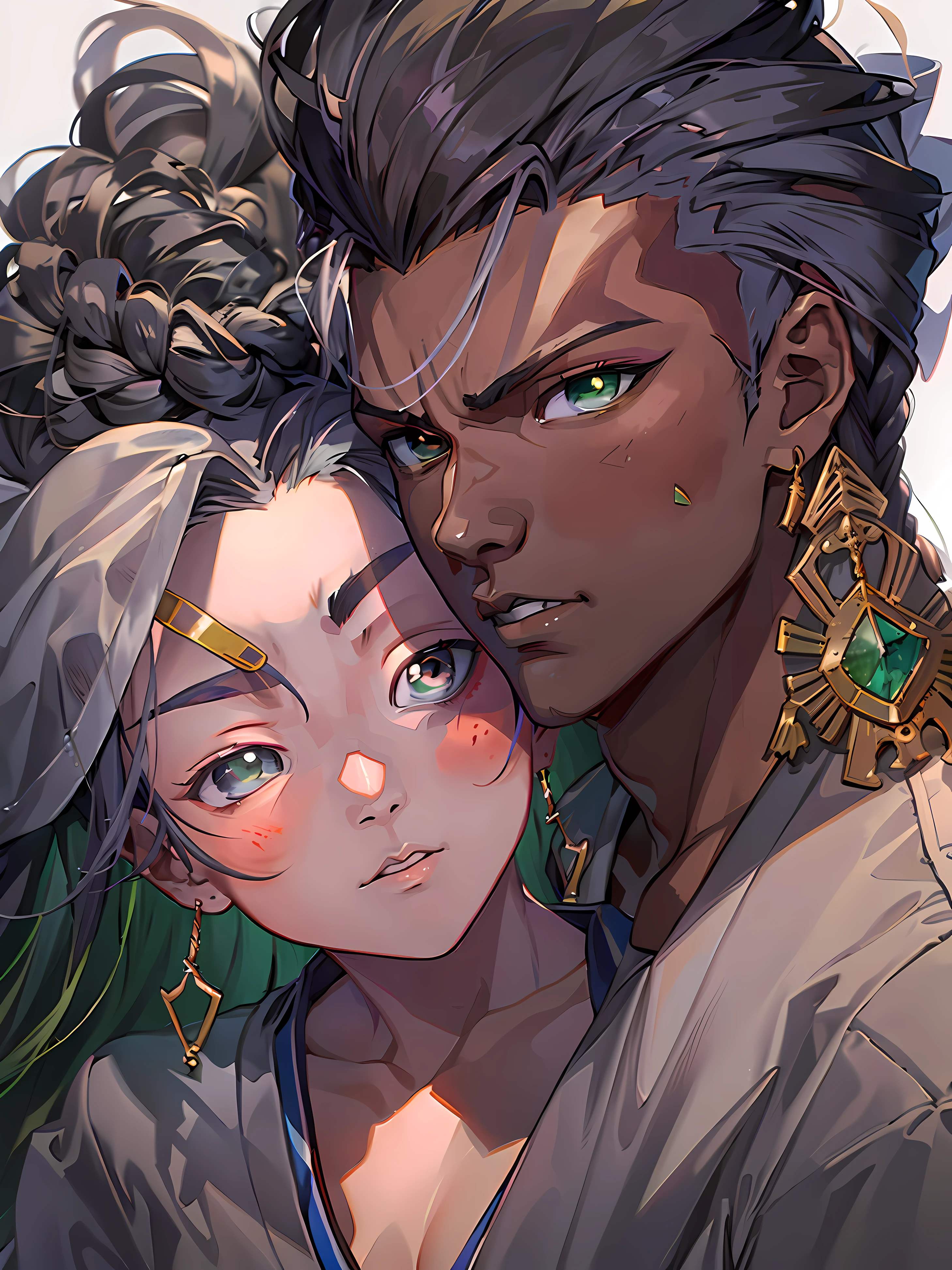 Anime couple with green eyes embracing, Artgerm e Genzoman, Jazza e Rossdraw, gama murata e artgerm, fanart requintada altamente detalhada, Wlop e Sakimichan, fanart detalhado, Sakimichan e Frank Franzzeta, Loish e Ross Tran, Akehiko Inoue e Ross Tran, Arte Oficial, mulher negra (pelo muito escura) com dreads locks, e olhos verdes.