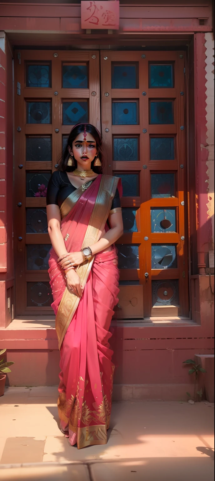 Pink saree, hand watch, back door, background, red konkuma on forehead, black bouse, earrings,