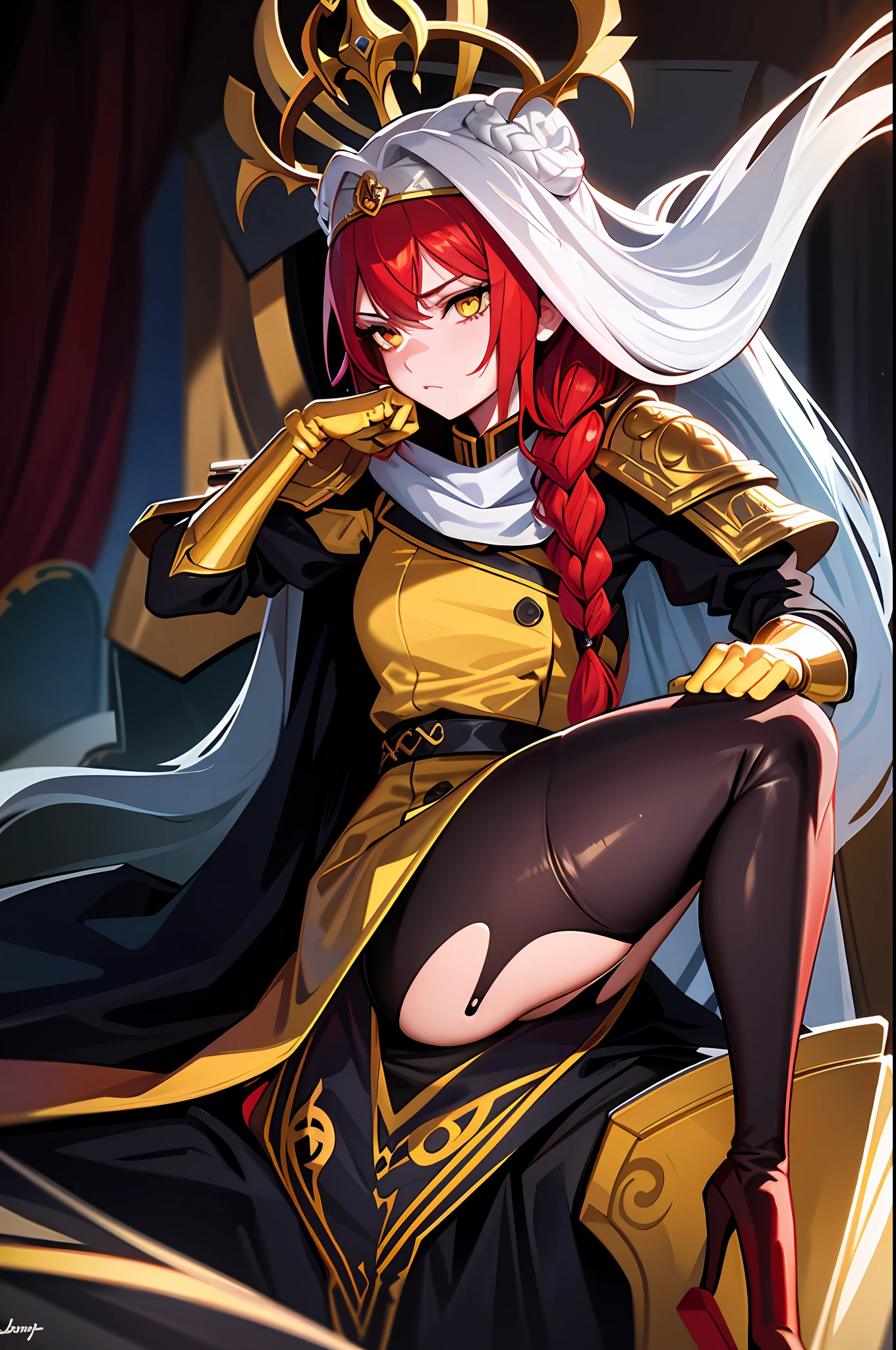 masterpiece, best quality, 1girl, long hair, big bust, very long red hair, yellow eyes, buns with braid , grey sexy uniform, crown, golden earrings, good anatomy, red gloves, boots, heels, evil, emotionless, intimidant, bloody, detailed eyes, throne, dark background, close up, ((detailed eyes)), beautiful eyes, straigh bang cut, close focus, profile picture