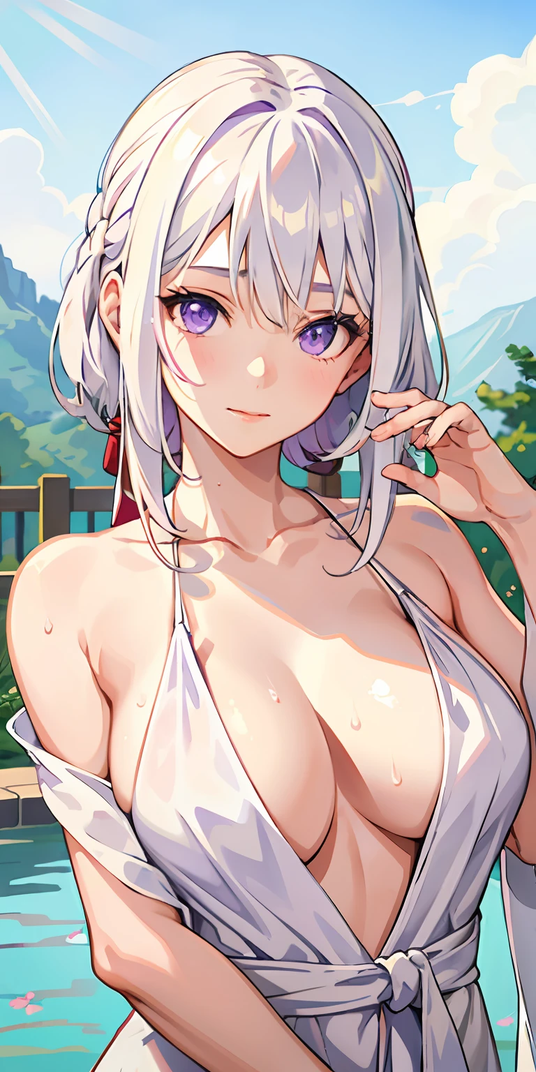 1girl, white hair, purple eyes, portrait, realistic, towel, (onsen), sidelighting, wallpaper, nsfw,