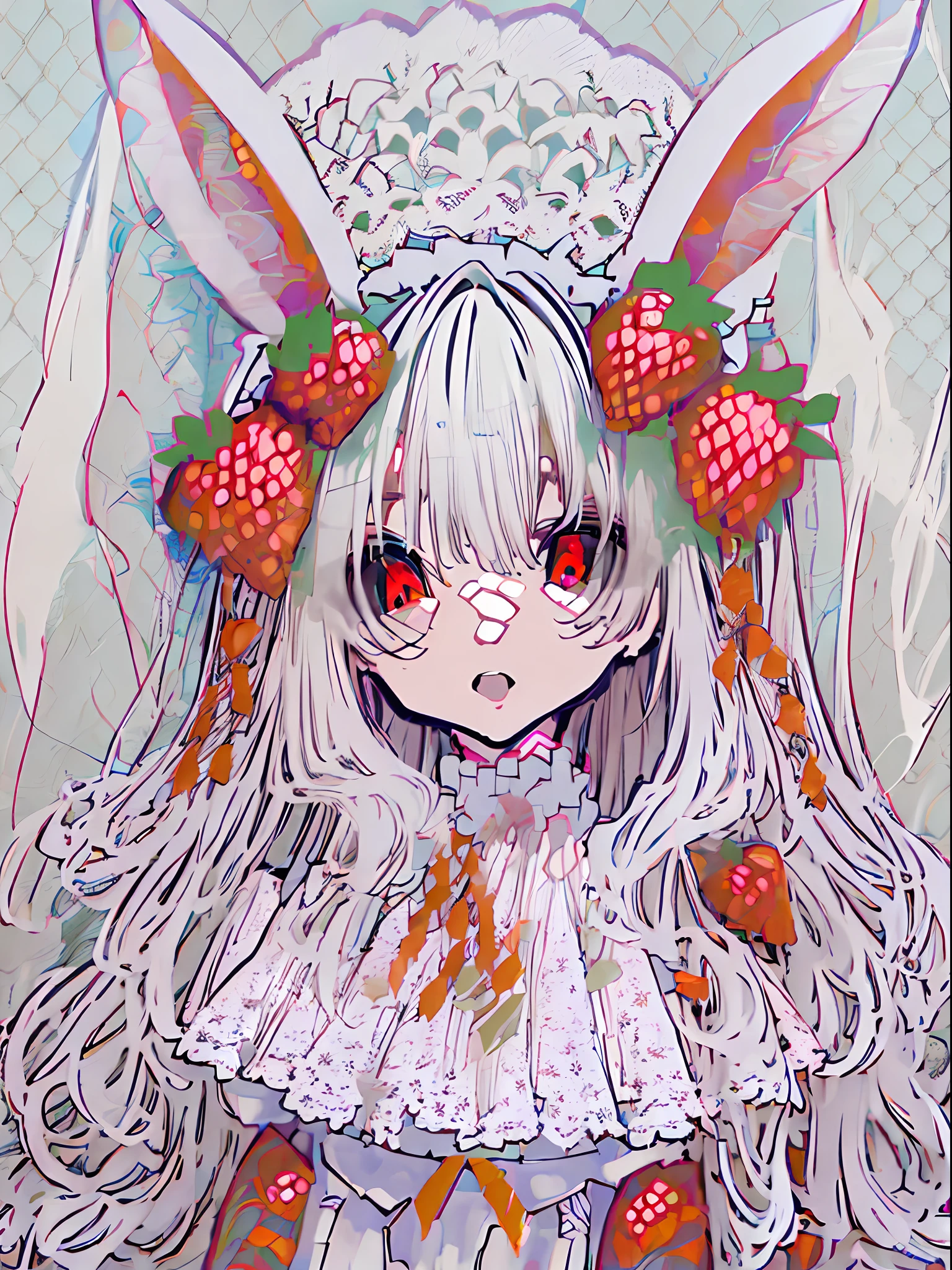 tmasterpiece，1girll，HighestQuali，Correct proportions，the detail，whaite hair，long whitr hair,White hair，Translucent red eyes，White lace headdress，Lace headdress，white headgear，Red bow，Rabbit ears，rabbitears，Strawberry side dishes，Sat down，White dress，red decoration，Lace，white legwear，Little red leather shoes，morango，bunny tail