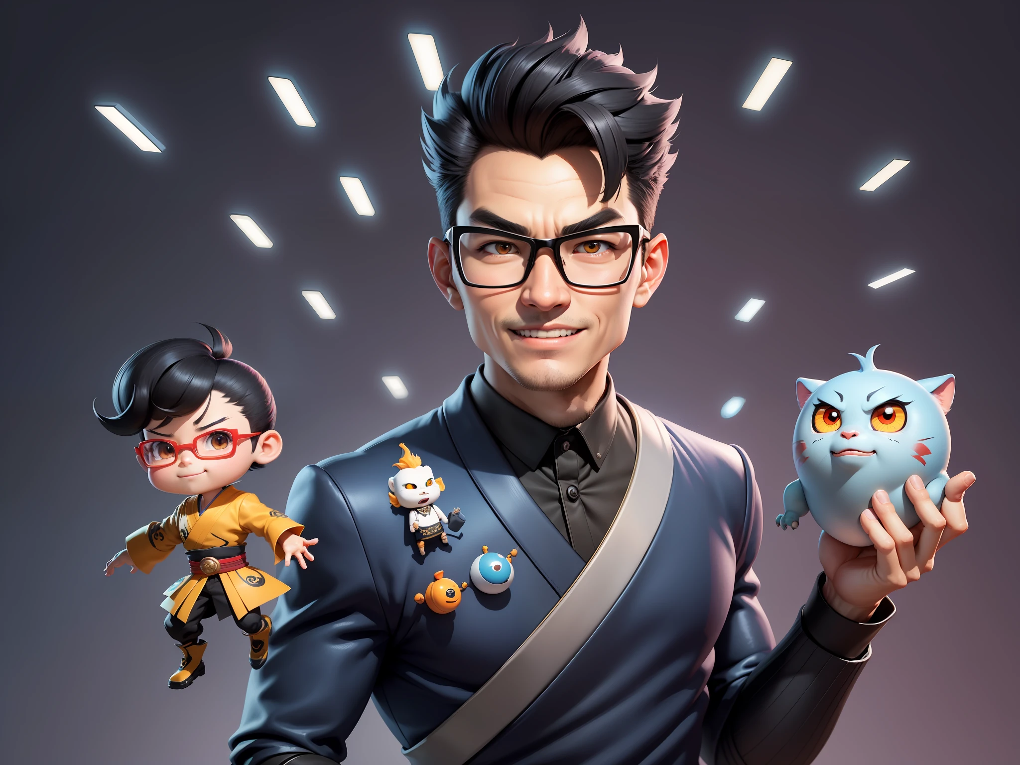 (Masterpiece), (Excellent), (Super Meticulous), (Full Body: 1.2), Super Young Man with Japanese Female Geisha, Pretty, Beautiful, Chinese Dragon, Tiger, Wind God Thor, Sexy, Bursting, Oriental Face, TV Anchor, Bust Portrait Illustration, Black Suit, Blue Tie, Slightly Chubby Face, Silver Glasses, Very Clean Face, No Beard on Chin, Black Super Short Hair, Black Eyes, Confident Smile, 3c Computer Sub-Products, iPad, iPhone, Digital Painting, 3D character design by Mark Clairedon and Pixar and Hayao Miyazaki and Akira Toriyama, the illustrations are HD illustrations in 4K resolution with highly detailed facial features and cartoon-style visuals.